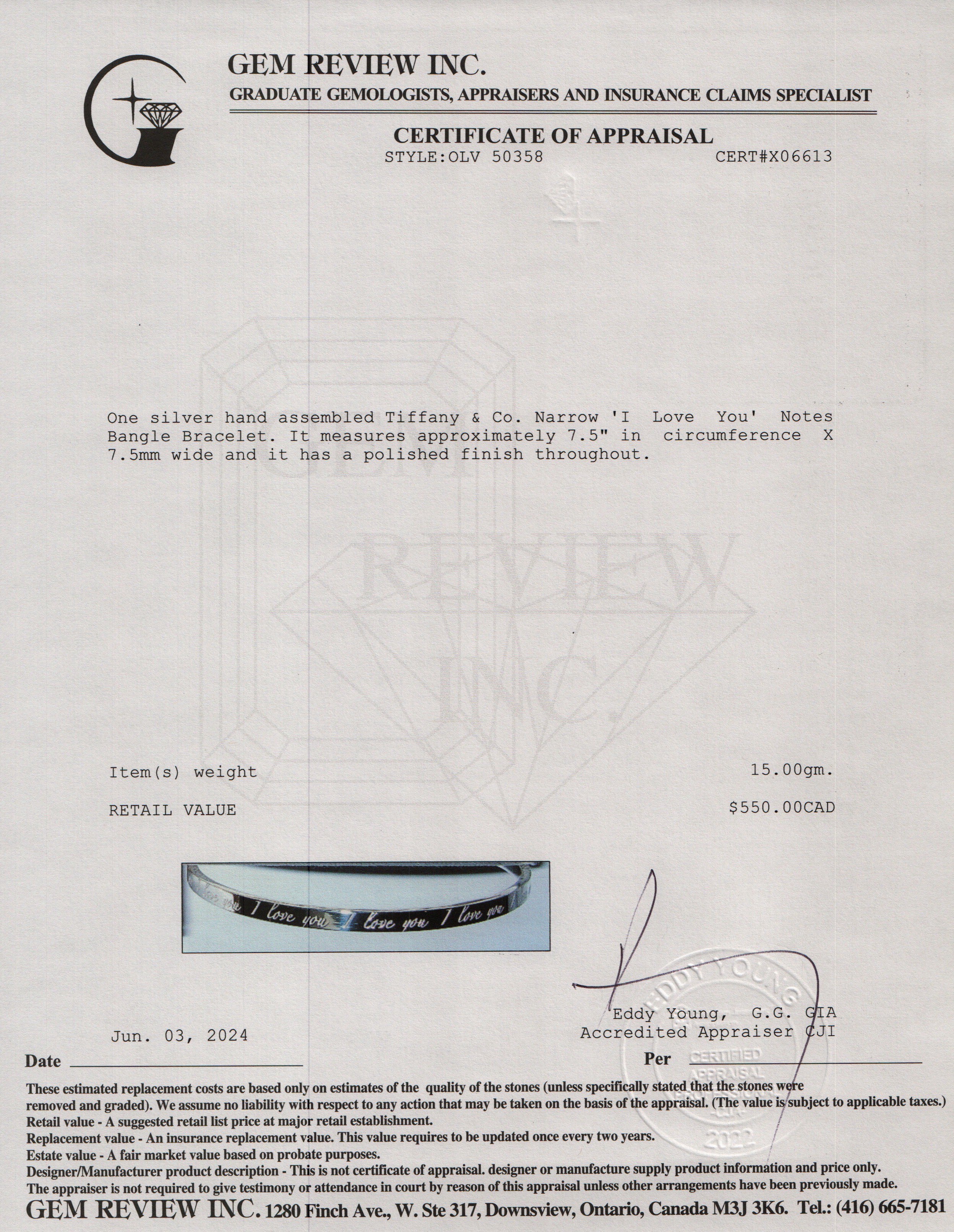Tiffany & Co. Sterling Silver Narrow 'I Love You' Notes Bangle Bracelet - Image 4