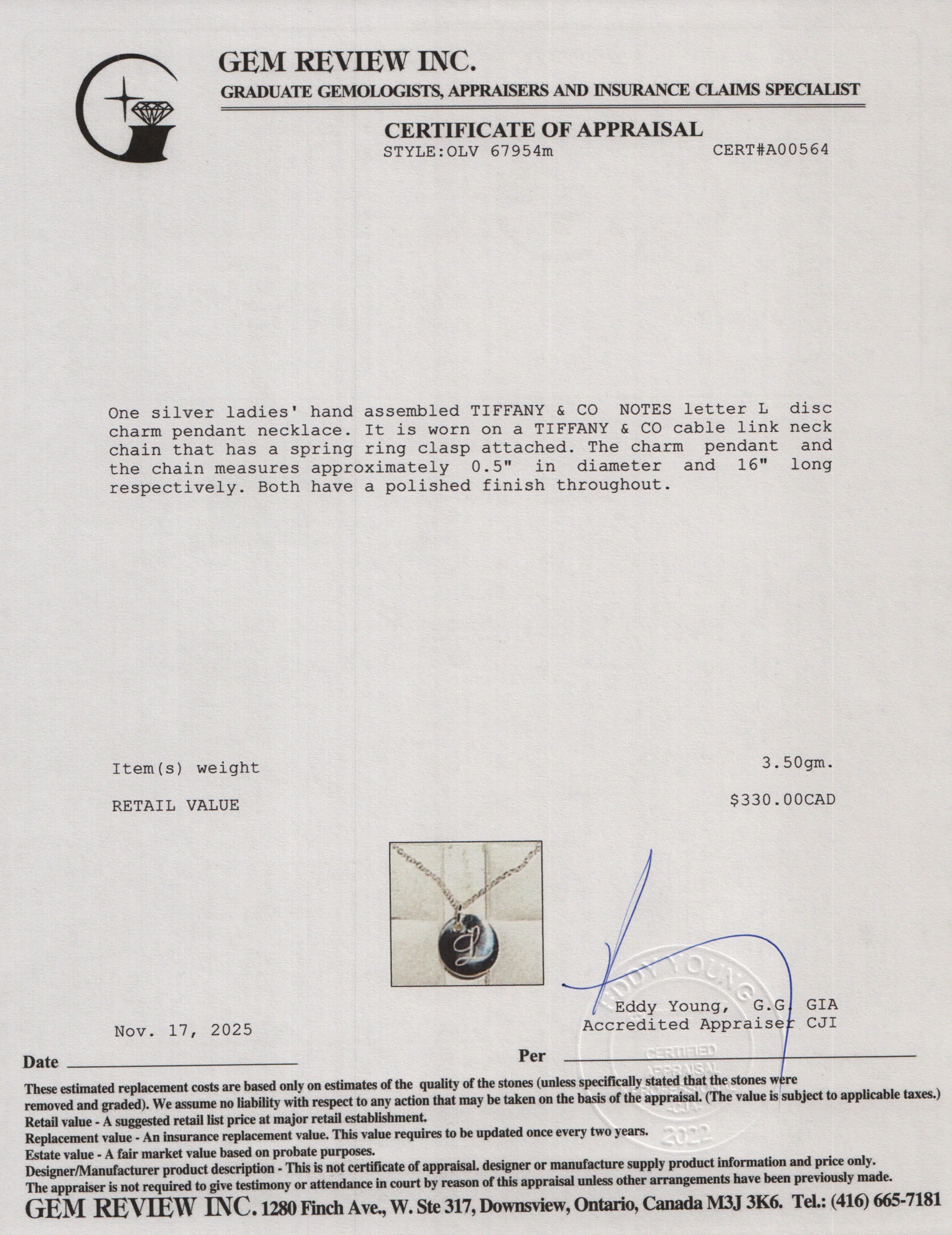 Tiffany & Co. Sterling Silver Notes Letter 'L' Disc Charm Pendant Necklace - Image 5