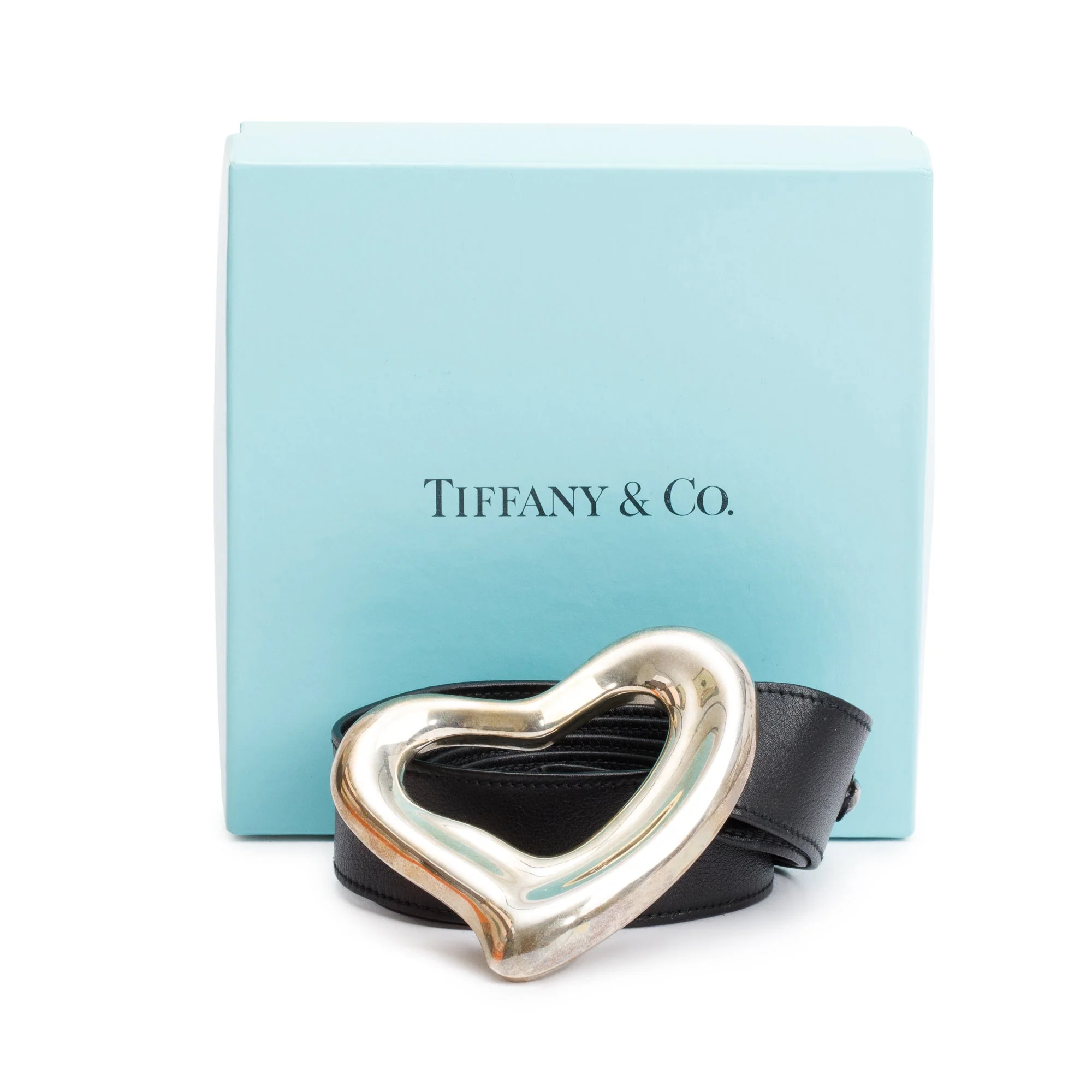 Tiffany & Co. Sterling Silver Open Heart Buckle Black Leather Belt w/ Box - Image 2