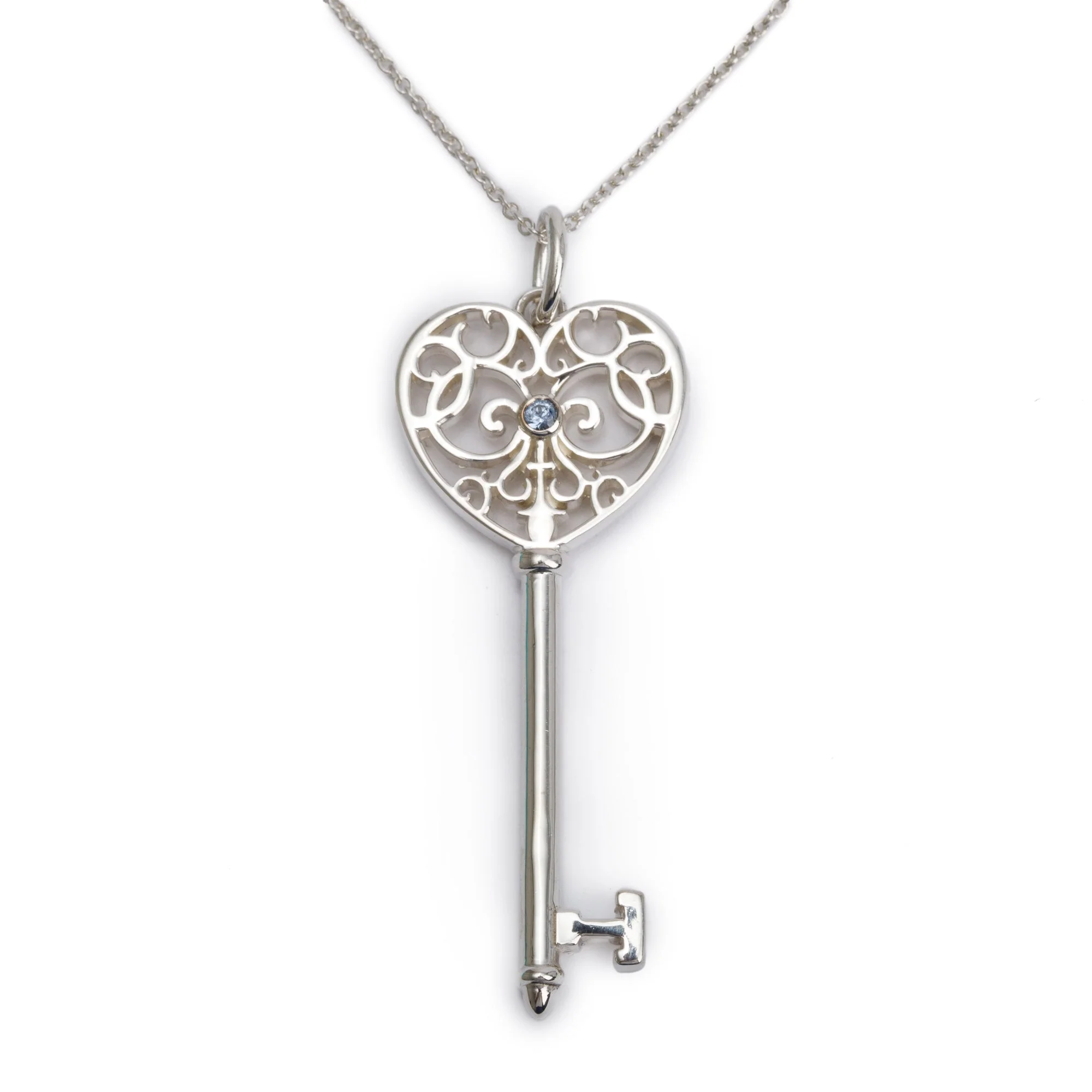 Tiffany & Co. Sterling Silver Sapphire Enchant Heart Key Pendant Necklace w/ Box & Receipt - Image 4