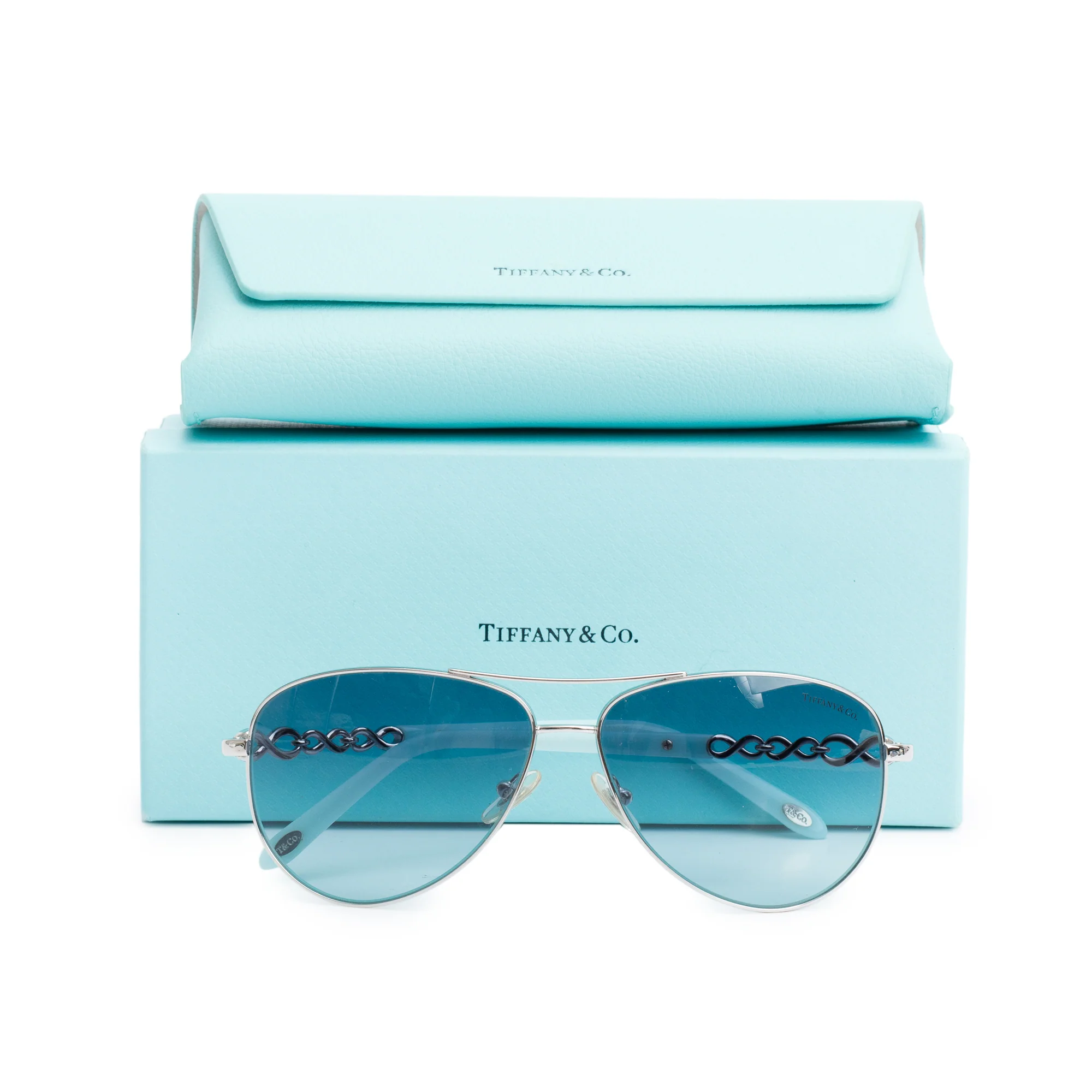Tiffany & Co. TF 3049-B Silver Tone Metal Blue Acetate Infinity Aviator Sunglasses w/ Box & Case - Image 2