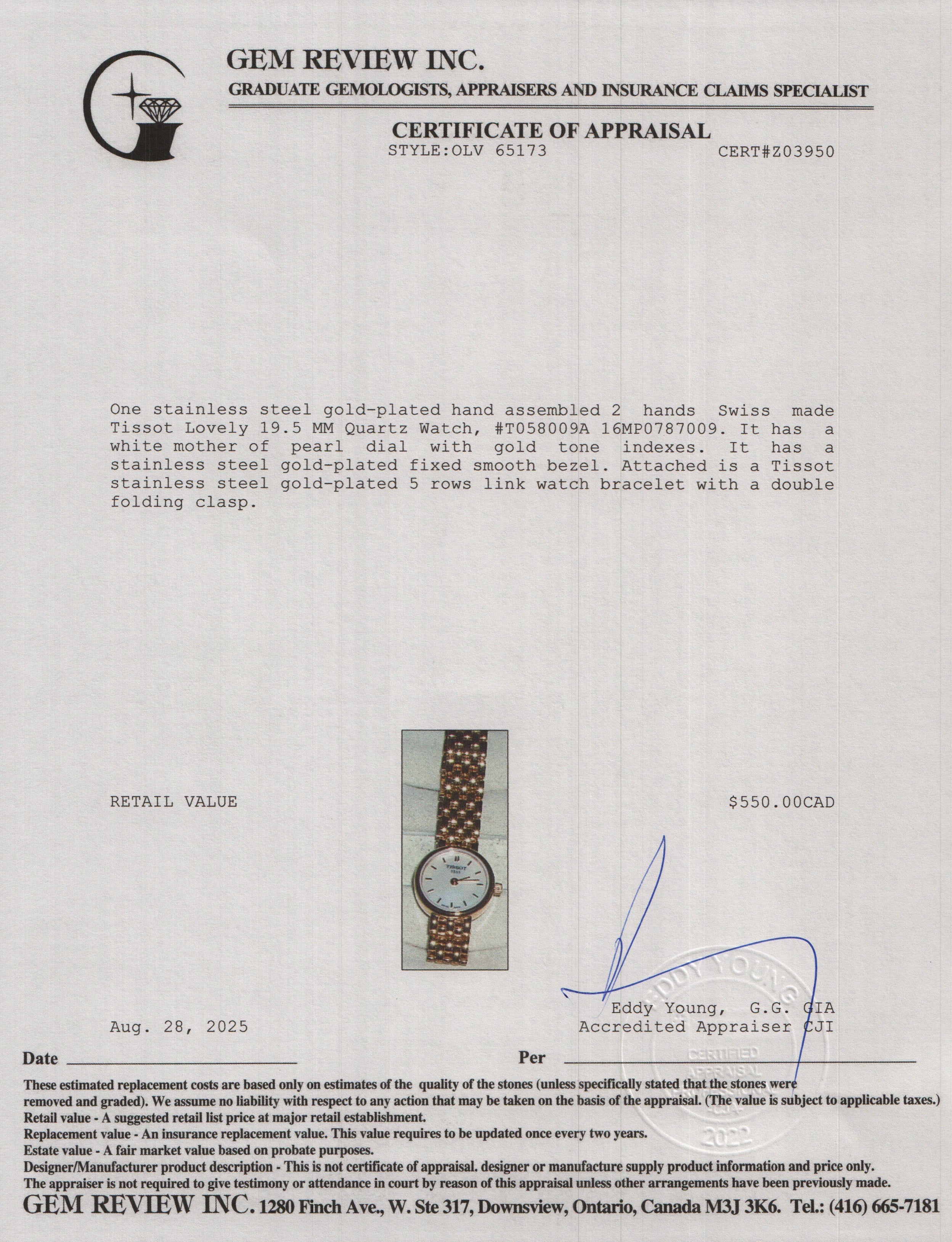 Tissot Gold-Plated Stainless Steel Lovely 19.5 MM Quartz Watch Mother of Pearl Dial w/ Box - Image 6