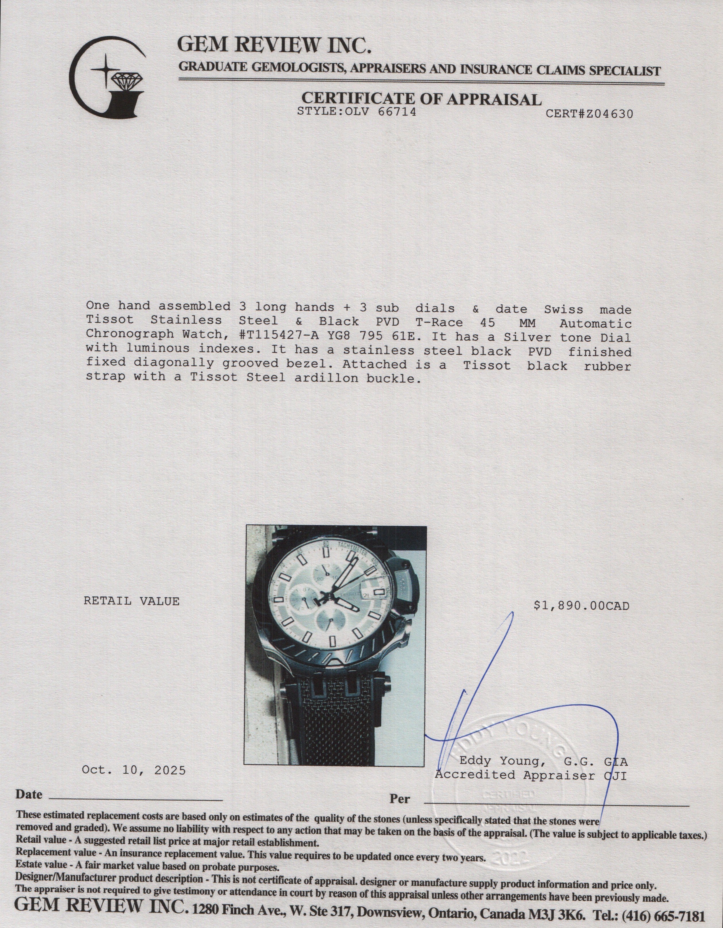 Tissot Stainless Steel & Black PVD T-Race 45 MM Automatic Chronograph Watch Silver Dial - Image 5
