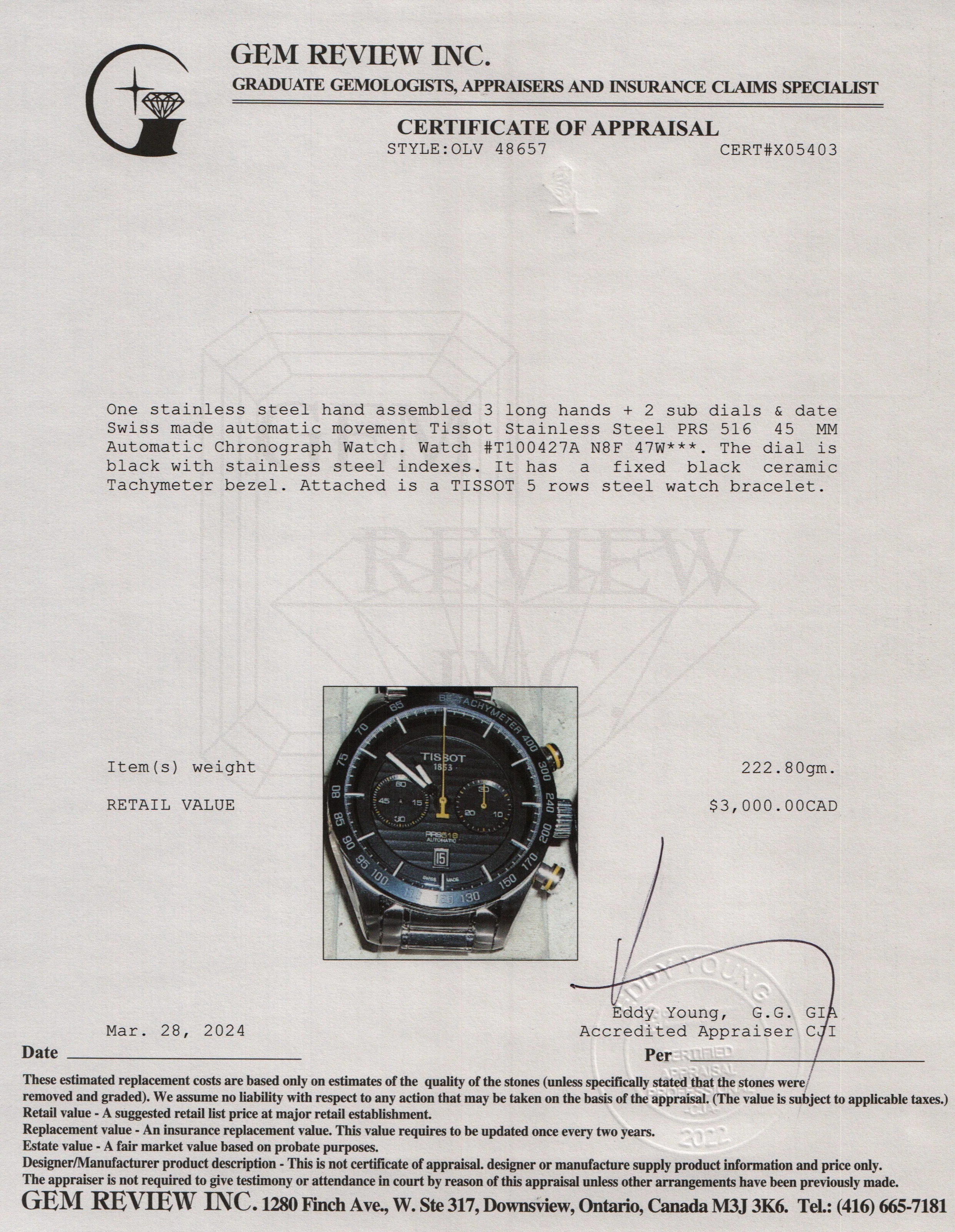 Tissot Stainless Steel PRS 516 45 MM Automatic Chronograph Watch w/ Box  & Papers - Image 7