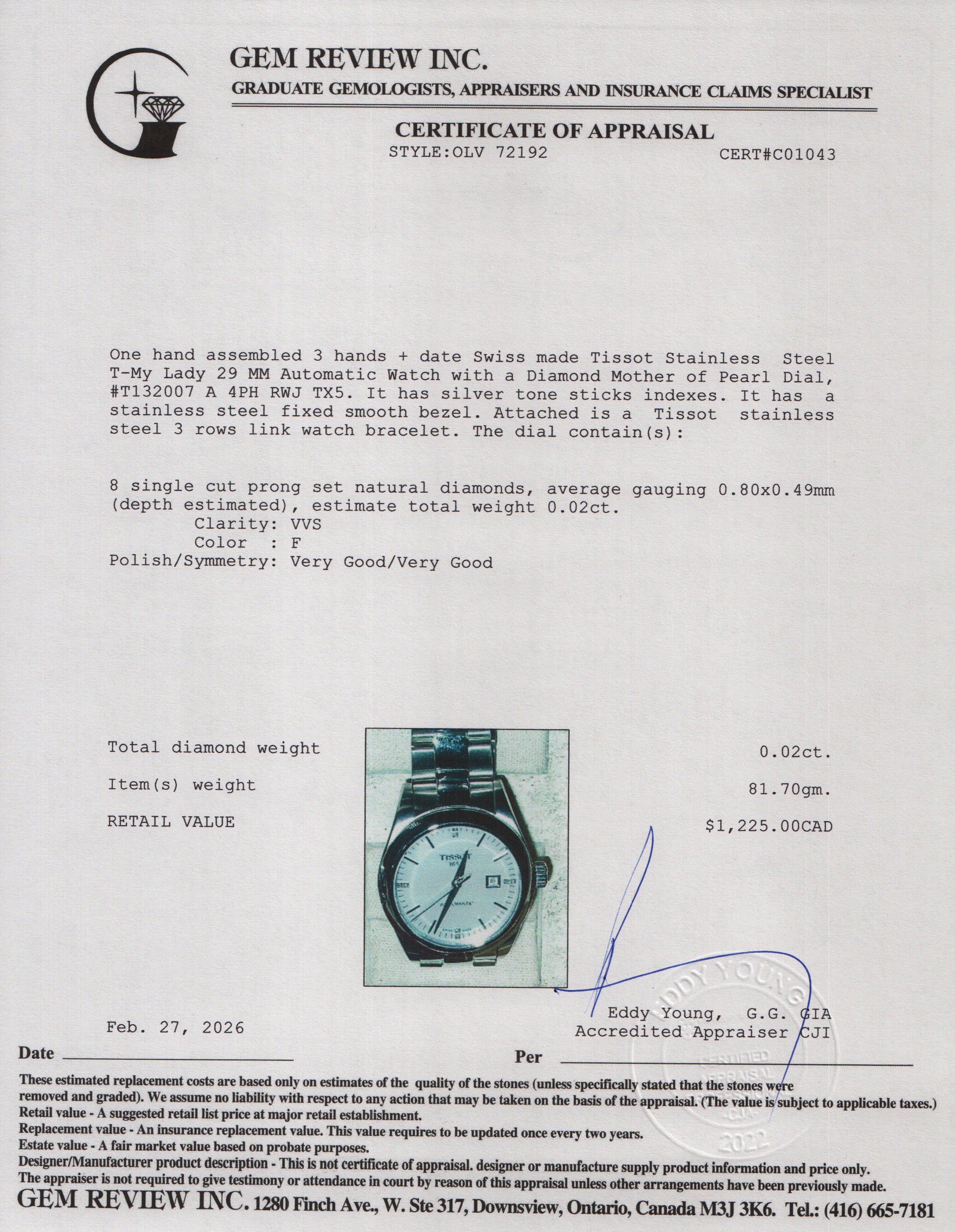 Tissot Stainless Steel T-My Lady 29 MM Automatic Watch Diamond Mother of Pearl Dial w/ Box & Papers - Image 6
