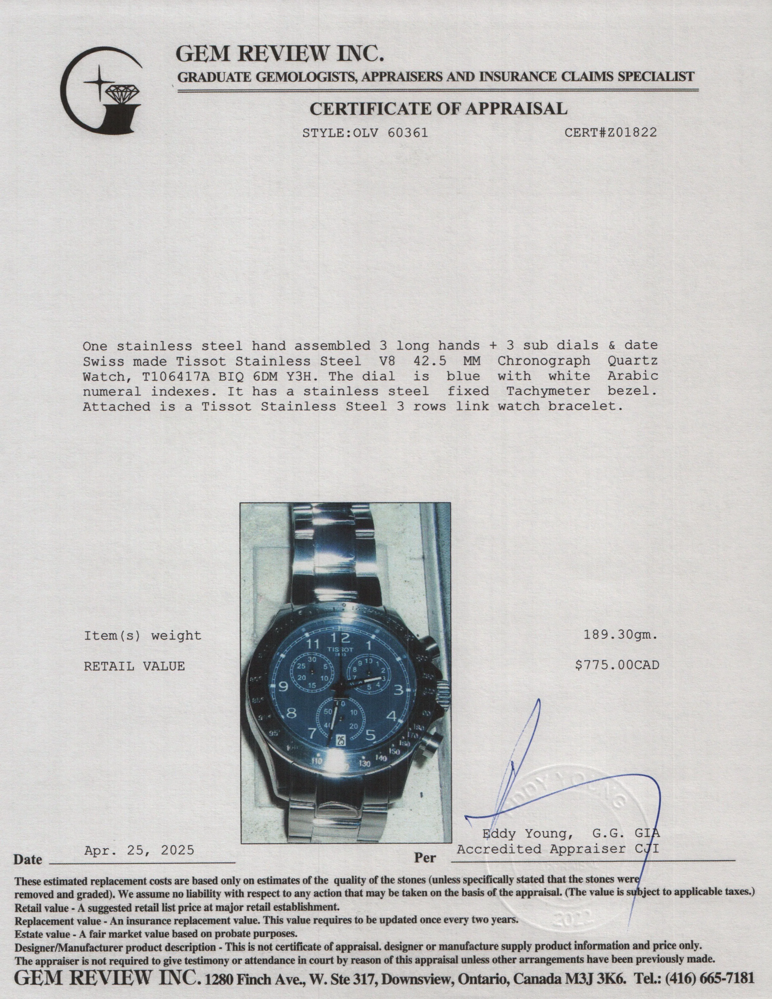 Tissot Stainless Steel V8 42.5 MM Chronograph Quartz Watch Blue Dial w/ Box - Image 6