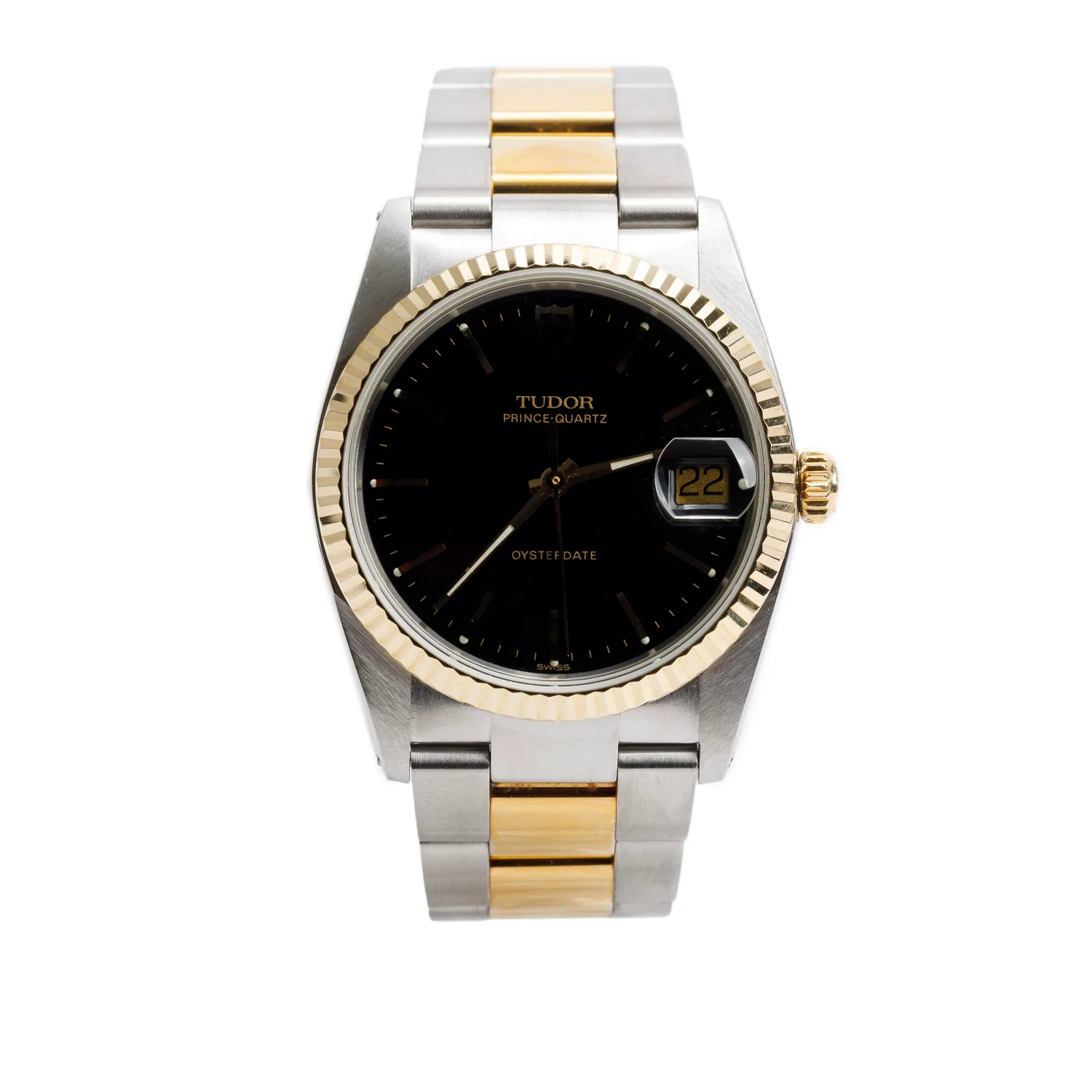 Tudor Vintage Stainless Steel & 14k Yellow Gold Prince OysterDate 34 MM Quartz Watch Black Dial