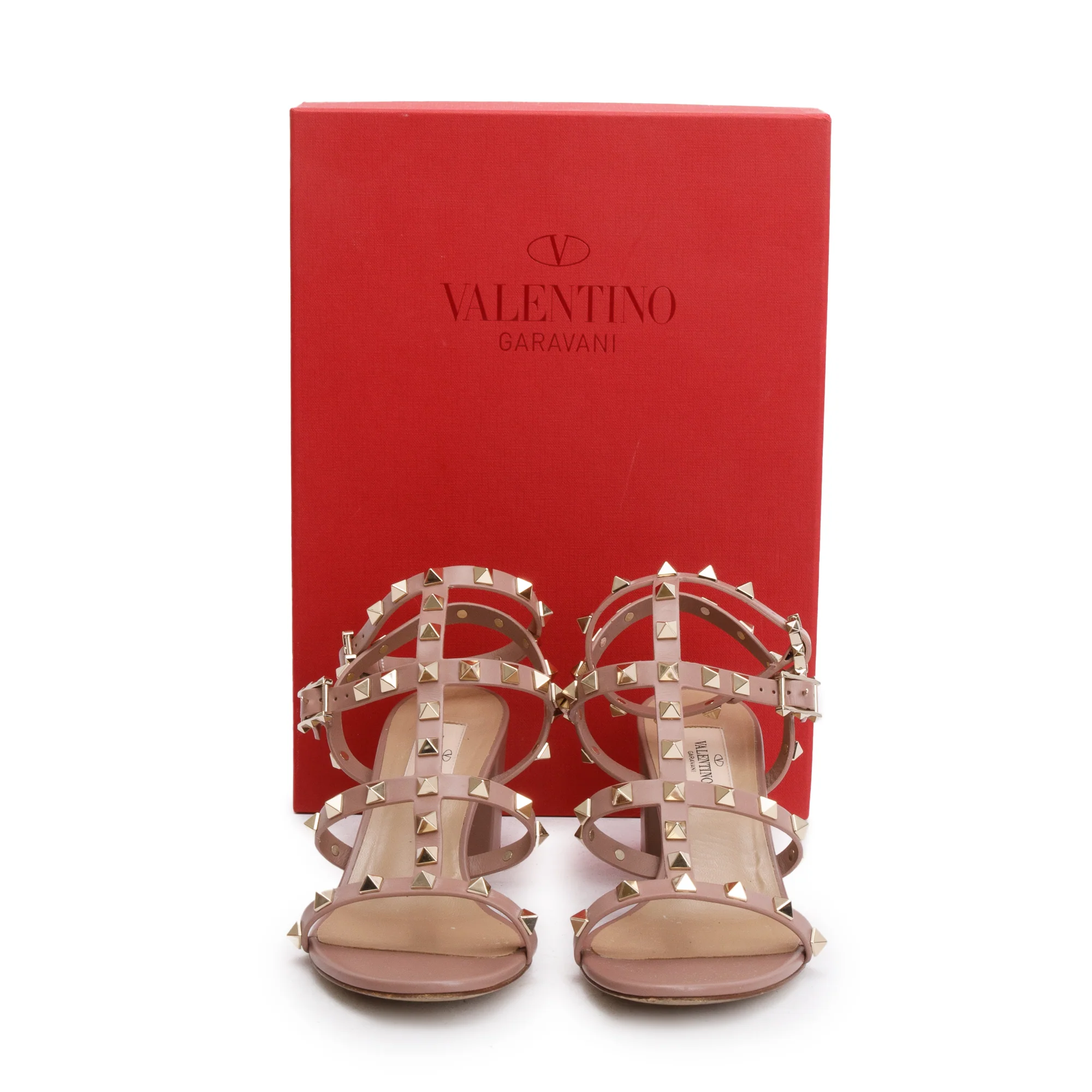 Valentino Beige Calfskin Rockstud Ankle Strap Sandals, Size 37 w/ Box - Image 2
