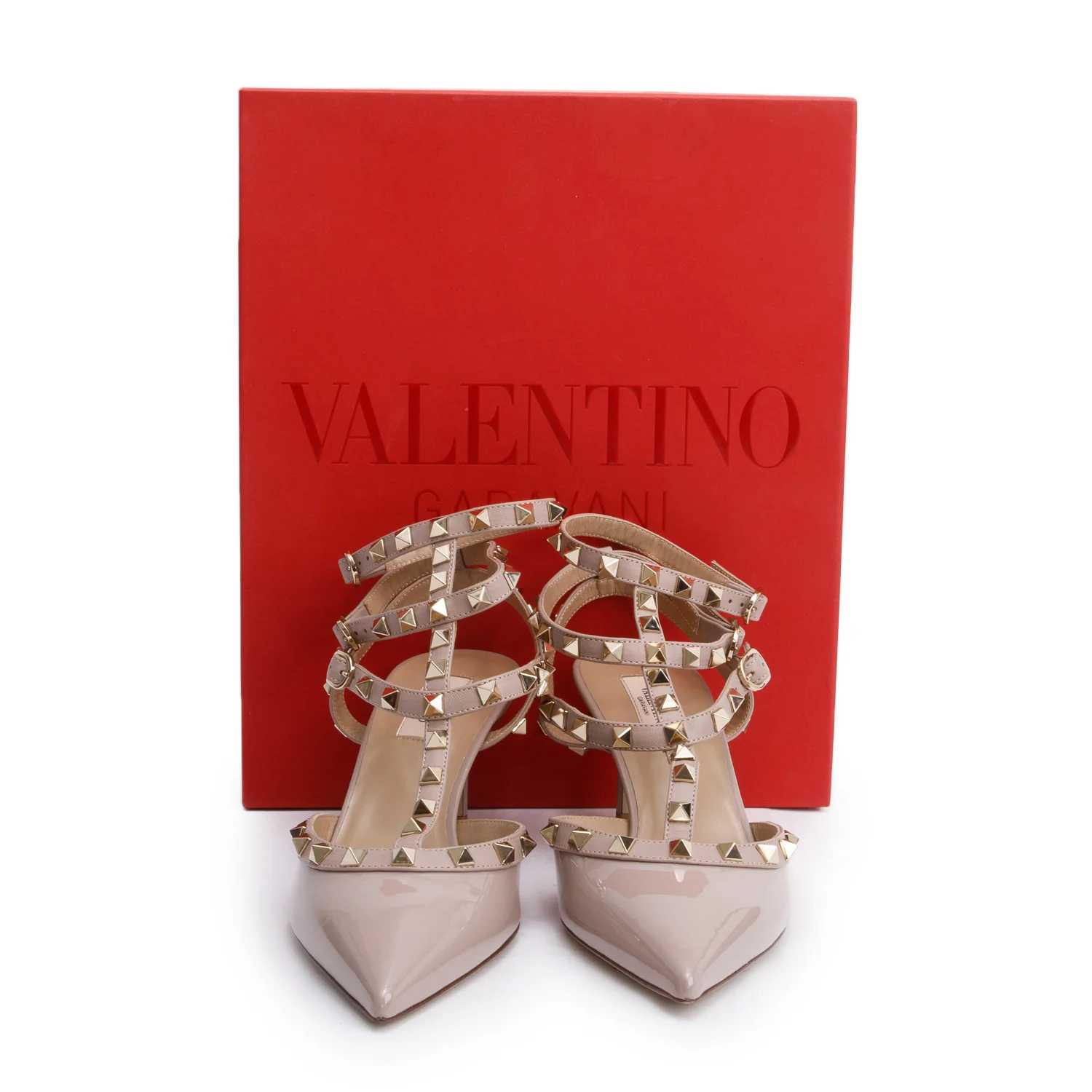 Valentino Beige Patent Leather Rockstud Ankle Strap Pumps, Size 39.5 w/ Box - Image 2