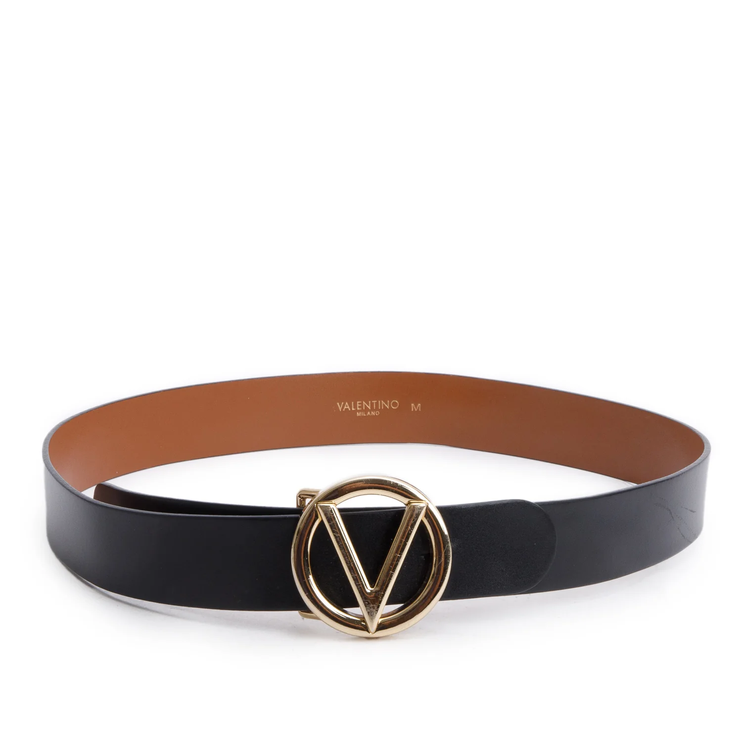 Valentino Black/Brown Leather Round Buckle Reversible Belt, Size M