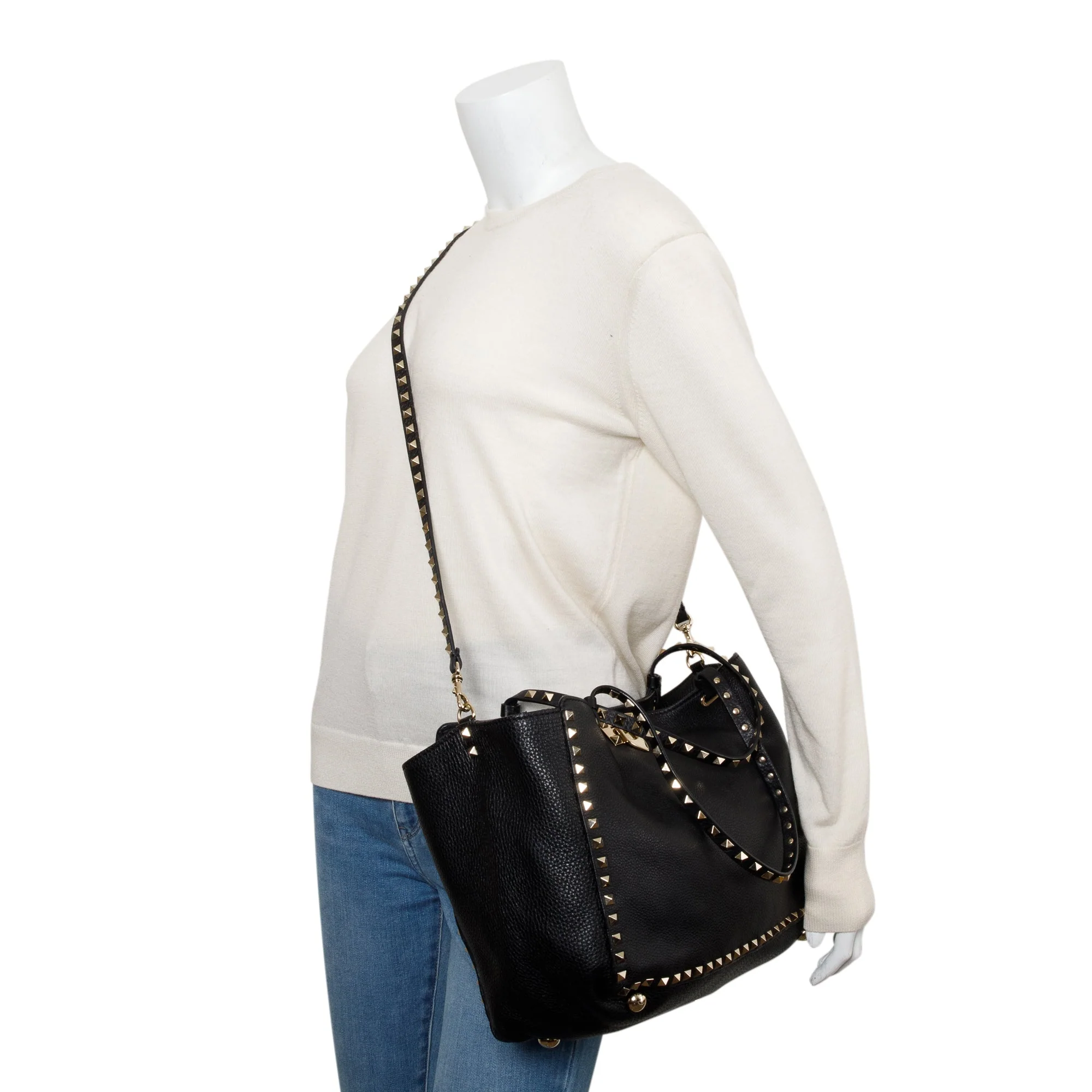 Valentino Black Calfskin Leather Medium Rockstud Tote Bag w/ Strap - Image 2
