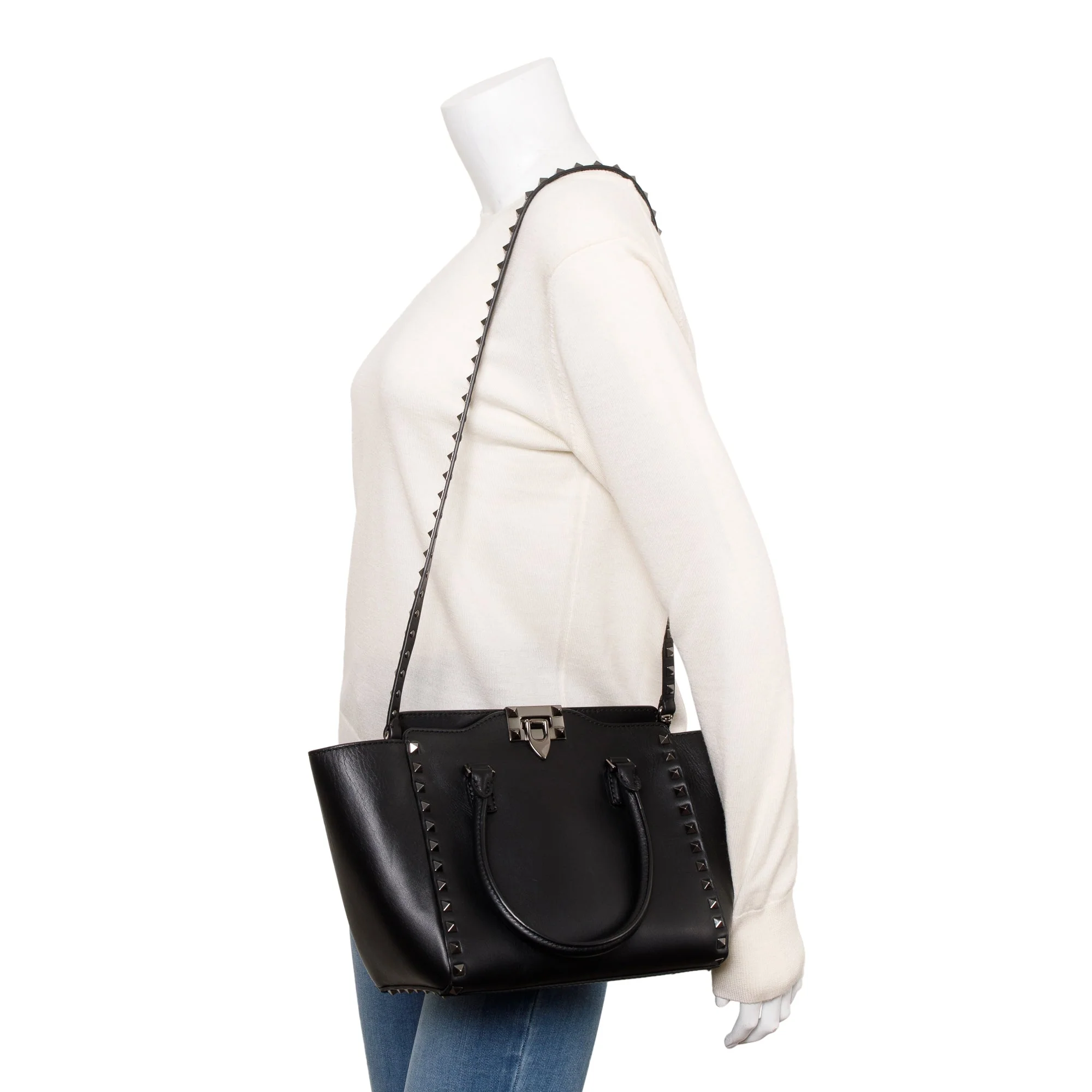 Valentino Black Calfskin Leather Small Rockstud Tote Bag w/ Strap - Image 2