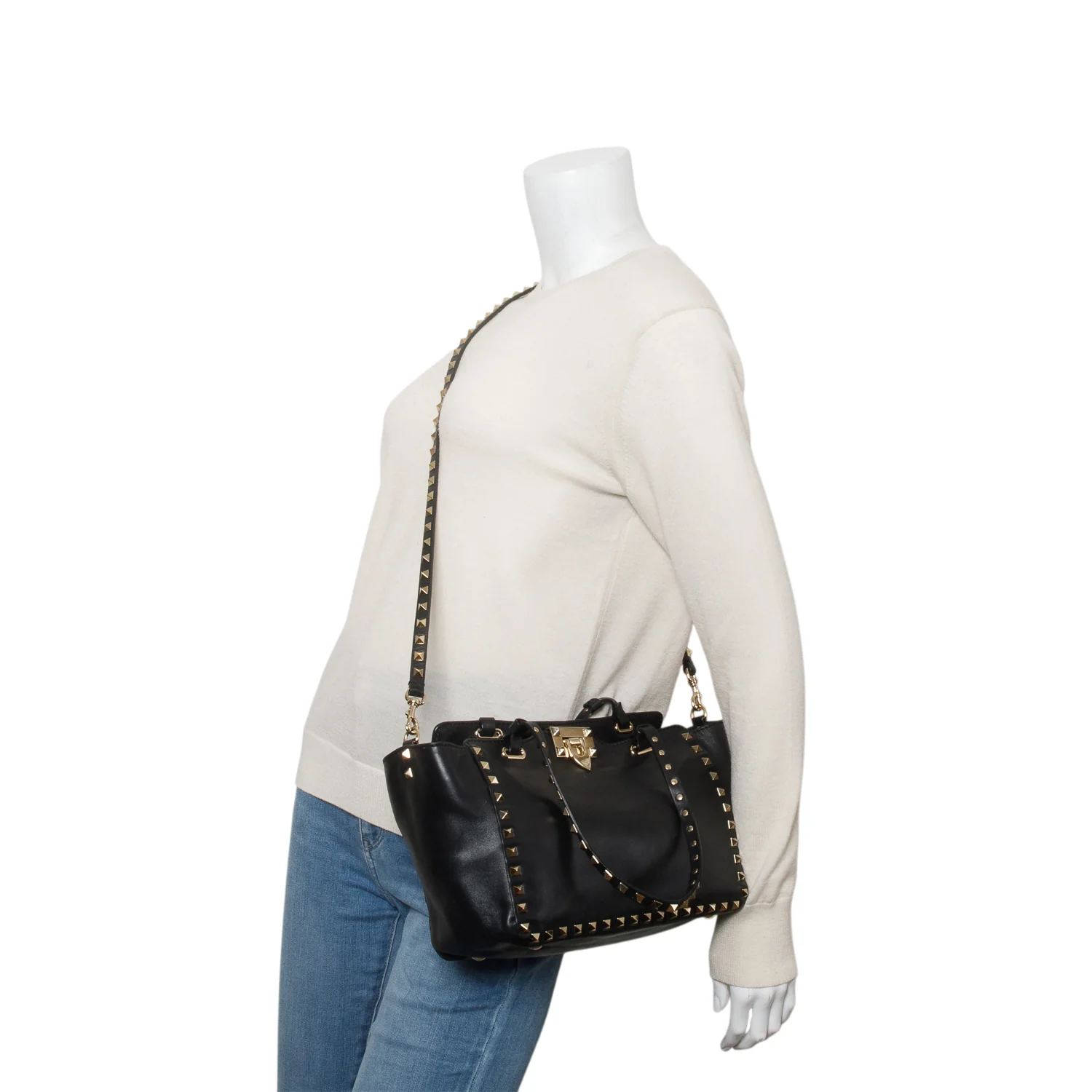 Valentino Black Calfskin Leather Small Rockstud Tote Bag w/ Strap - Image 2