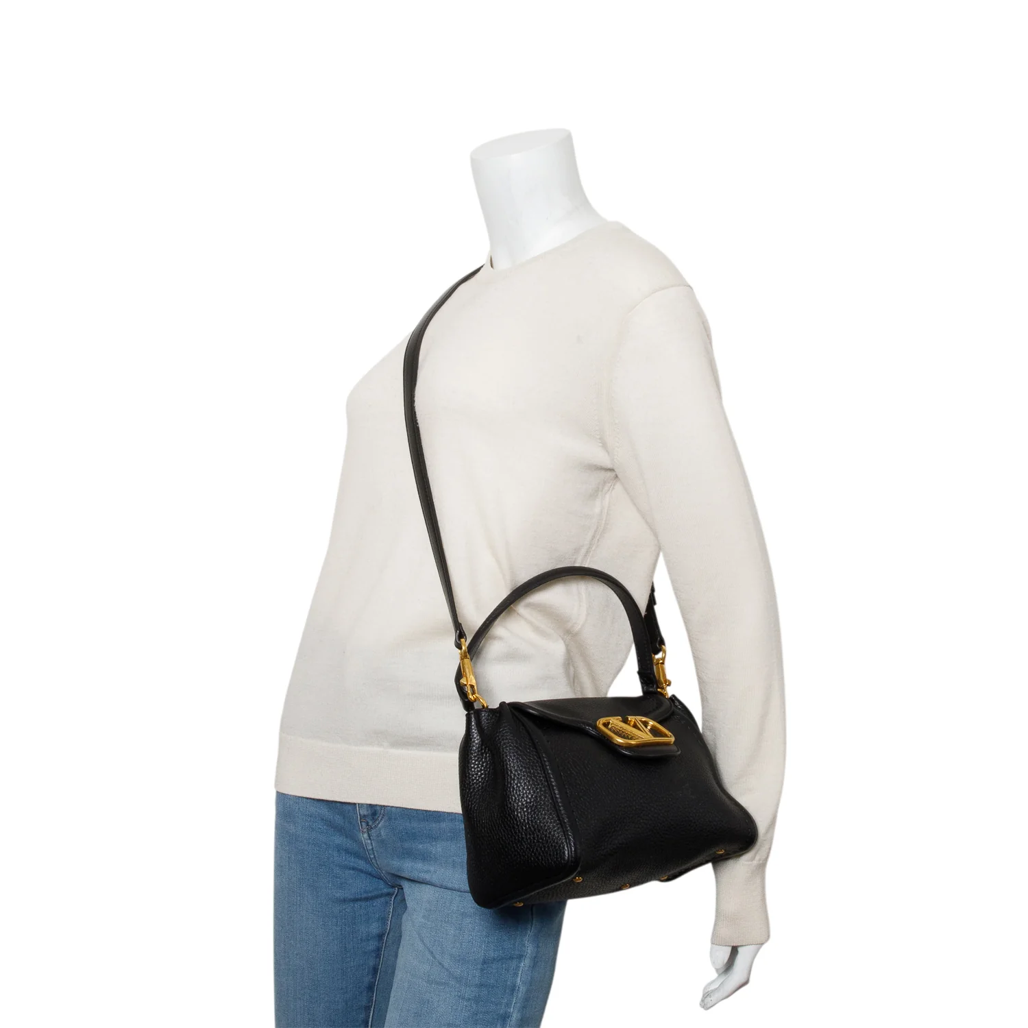 Valentino Black Grainy Calfskin VLogo All Time Small Top Handle Bag w/ Strap - Image 2