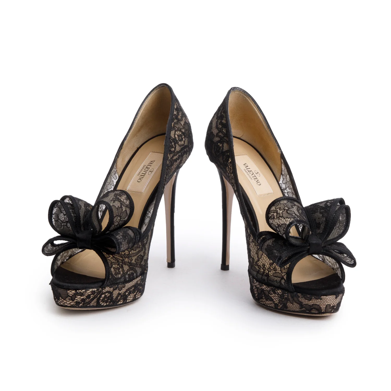 Valentino Black Lace Satin Couture Bow Peep-Toe Platform Pumps, Size 37 - Image 3