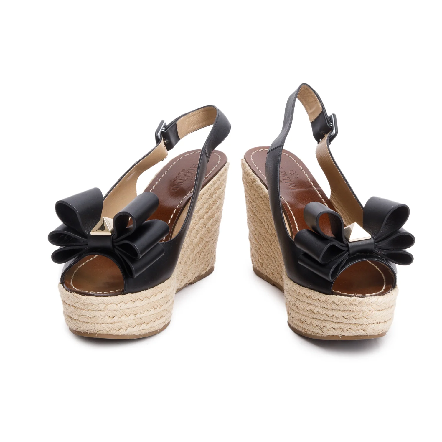 Valentino Black Leather Rockstud Bow Peep-Toe Platform Espadrille Sandlas, Size 39.5 w/ Box - Image 4