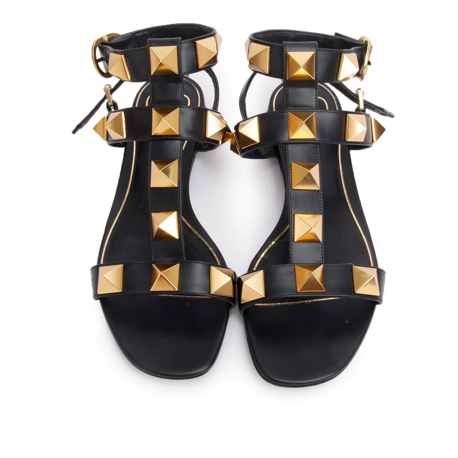 Valentino Black Leather Roman Stud Flat Slingback Sandals, Size 39 w/ Box