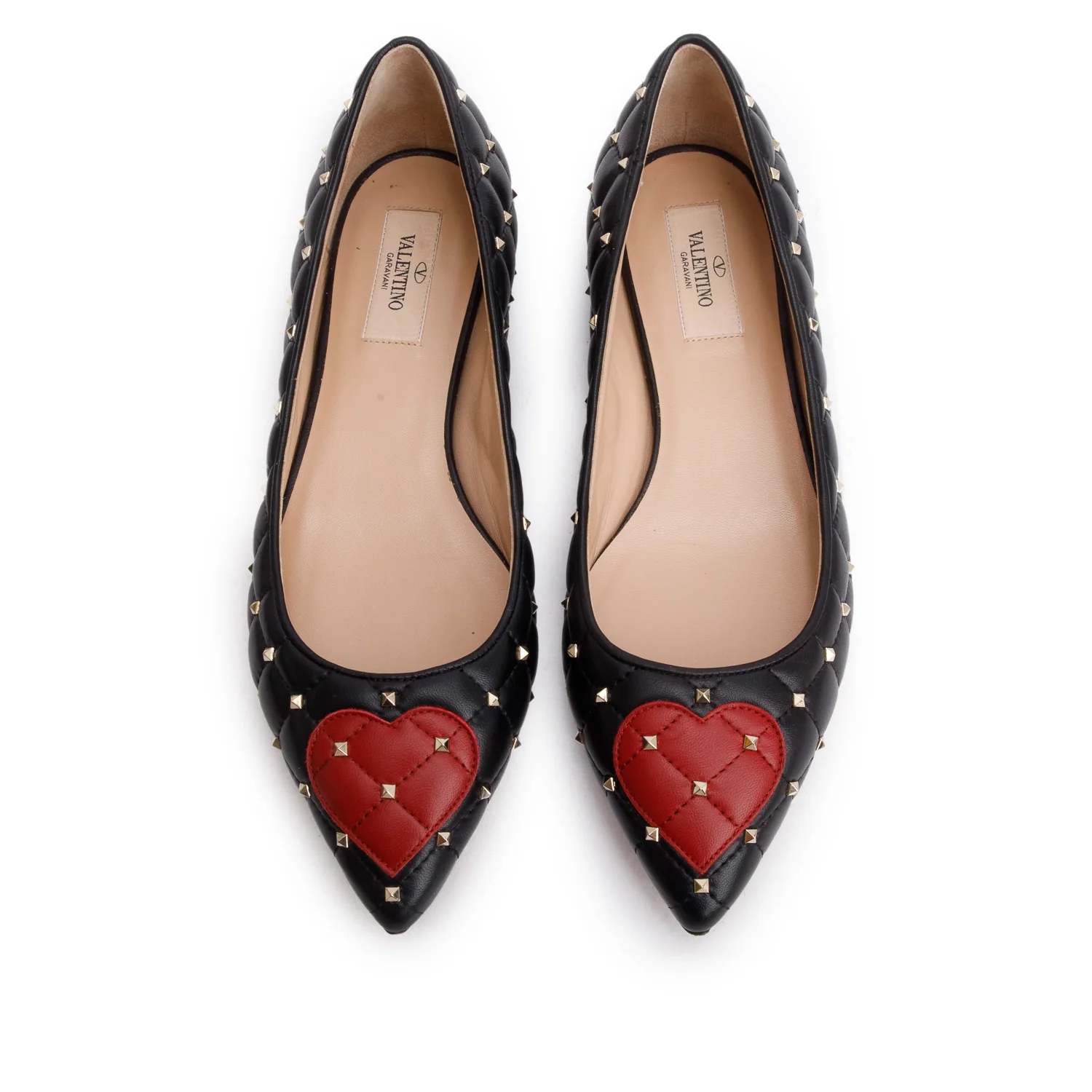 Valentino Black Quilted Leather Spikeit Valentine Flats, Size 37.5 w/ Box - Image 4