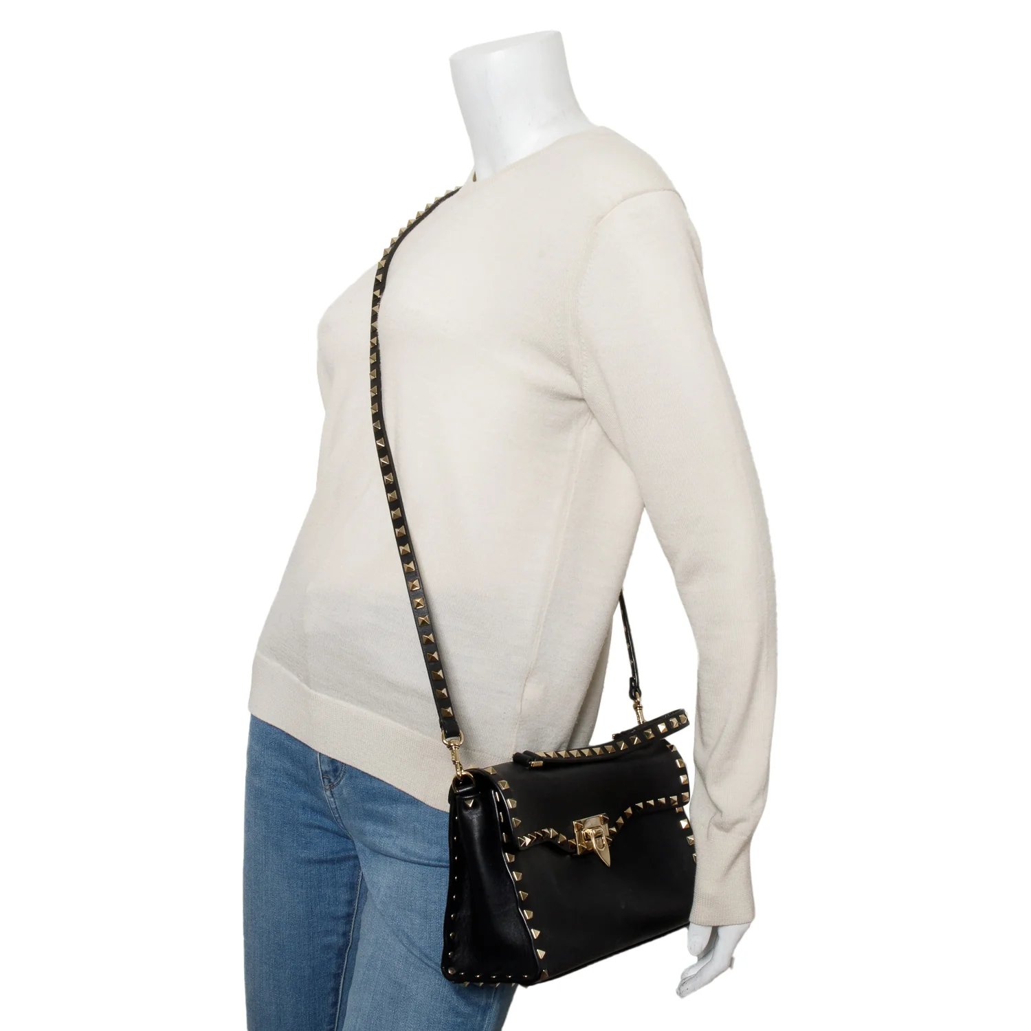 Valentino Black Smooth Calfskin Rockstud Top Handle Bag w/ Strap - Image 2