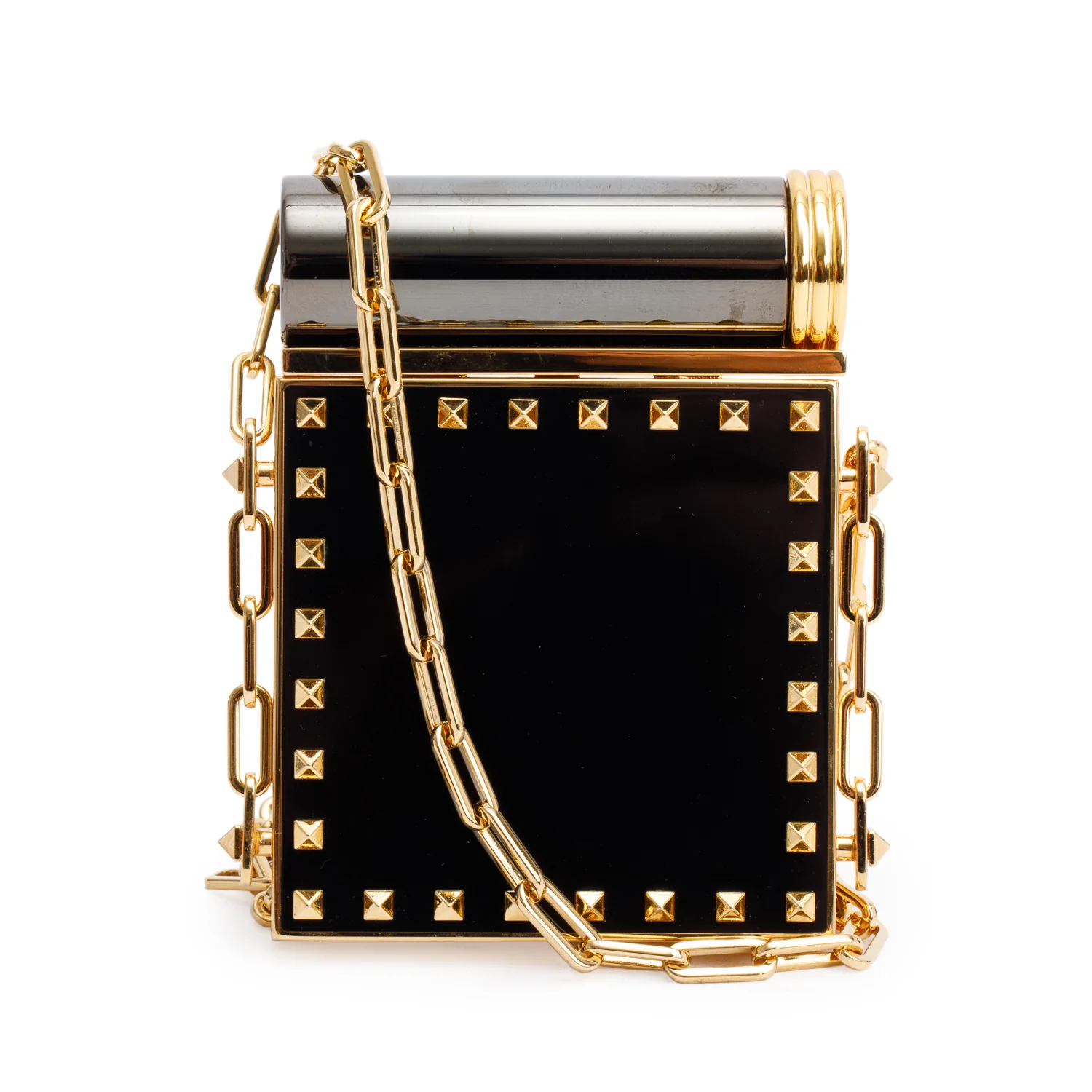 Valentino Gold-Tone Metal Black Acrylic Rockstud Lipstick & Mirror Minaudiere w/ Box