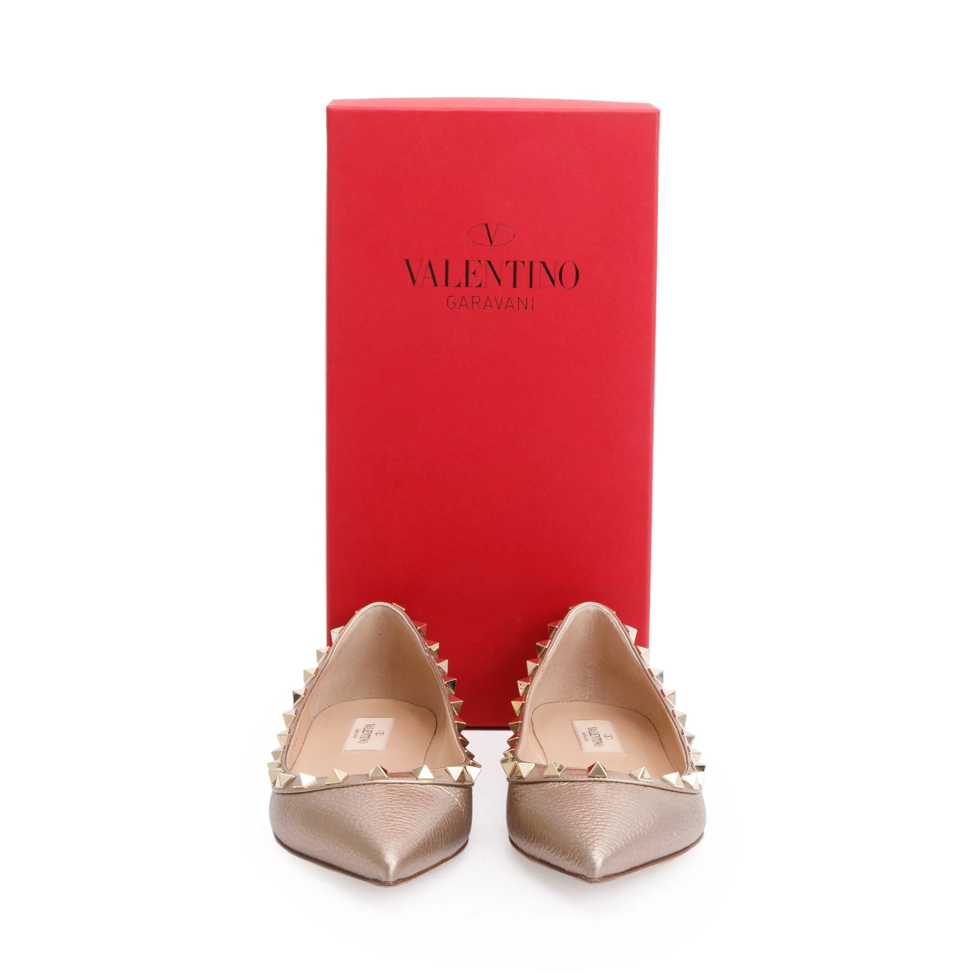 Valentino Metallic Gold Grained Leather Rockstud Ballet Flat Shoes, Size 38 w/ Box - Image 2