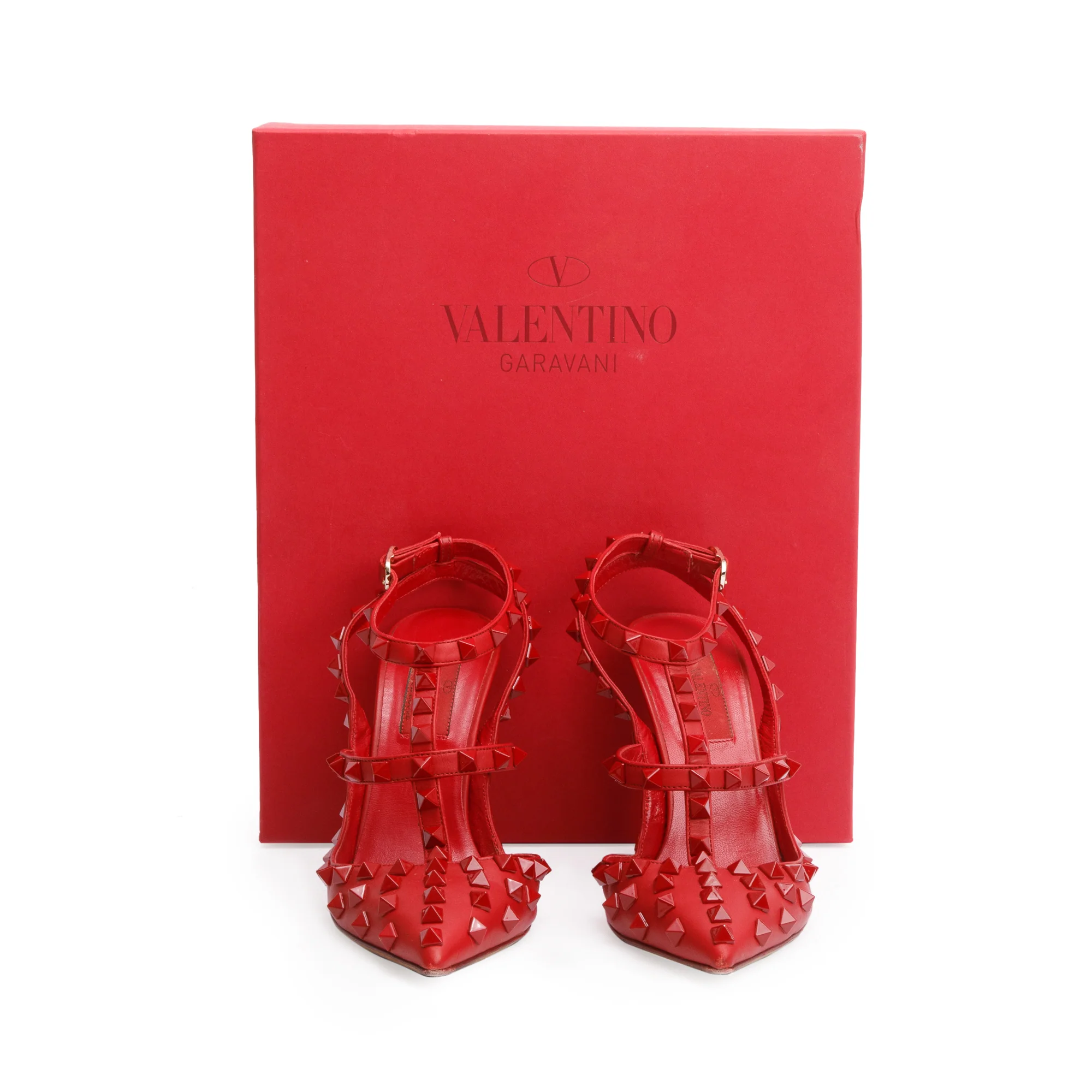 Valentino Red Leather Rockstud Ankle Strap Pumps, Size 36.5 w/ Box - Image 2