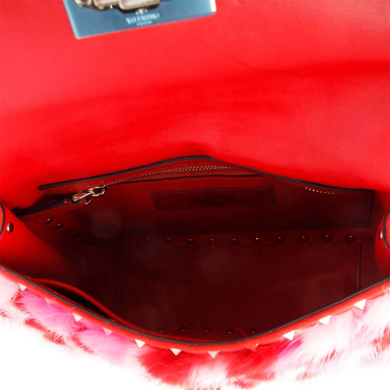 Valentino Red/Pink Leather Mink Spike Rockstud Spike Flap Shoulder Bag w/ Strap - Image 8