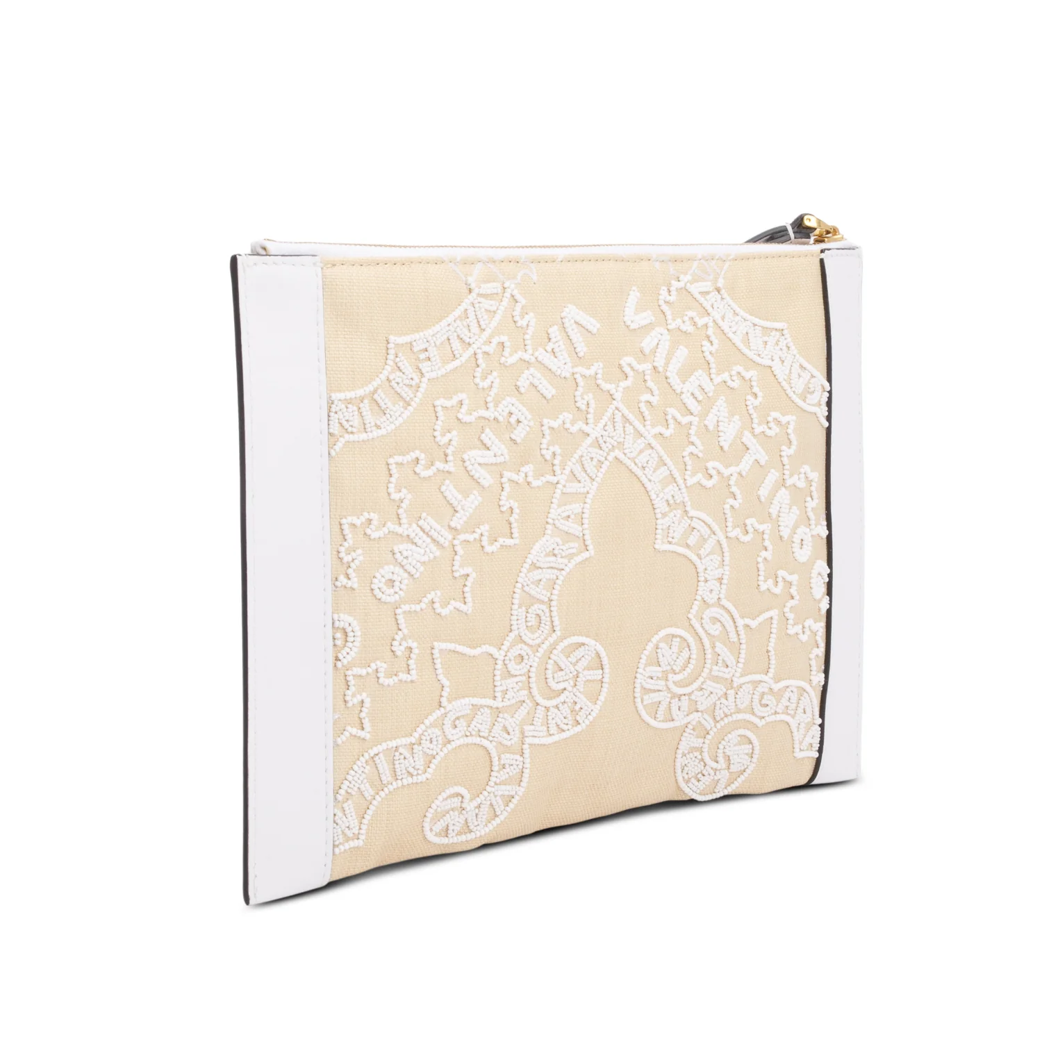 Valentino White Leather Neutral Canvas Embroidered VLogo Signature Pouch - Image 4