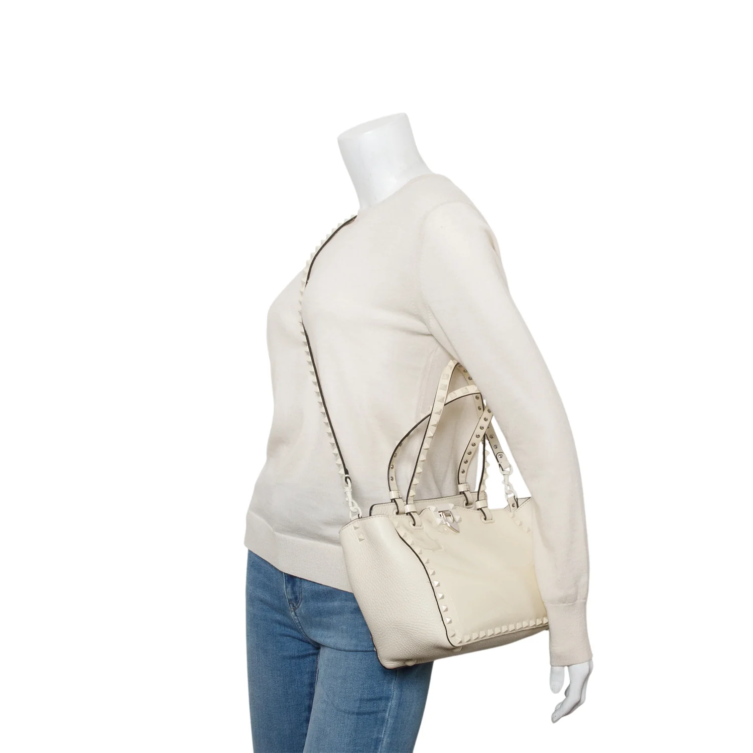 Valentino White Patent & Calfskin Leather Small Rockstud Tote Bag w/ Box & Strap - Image 2