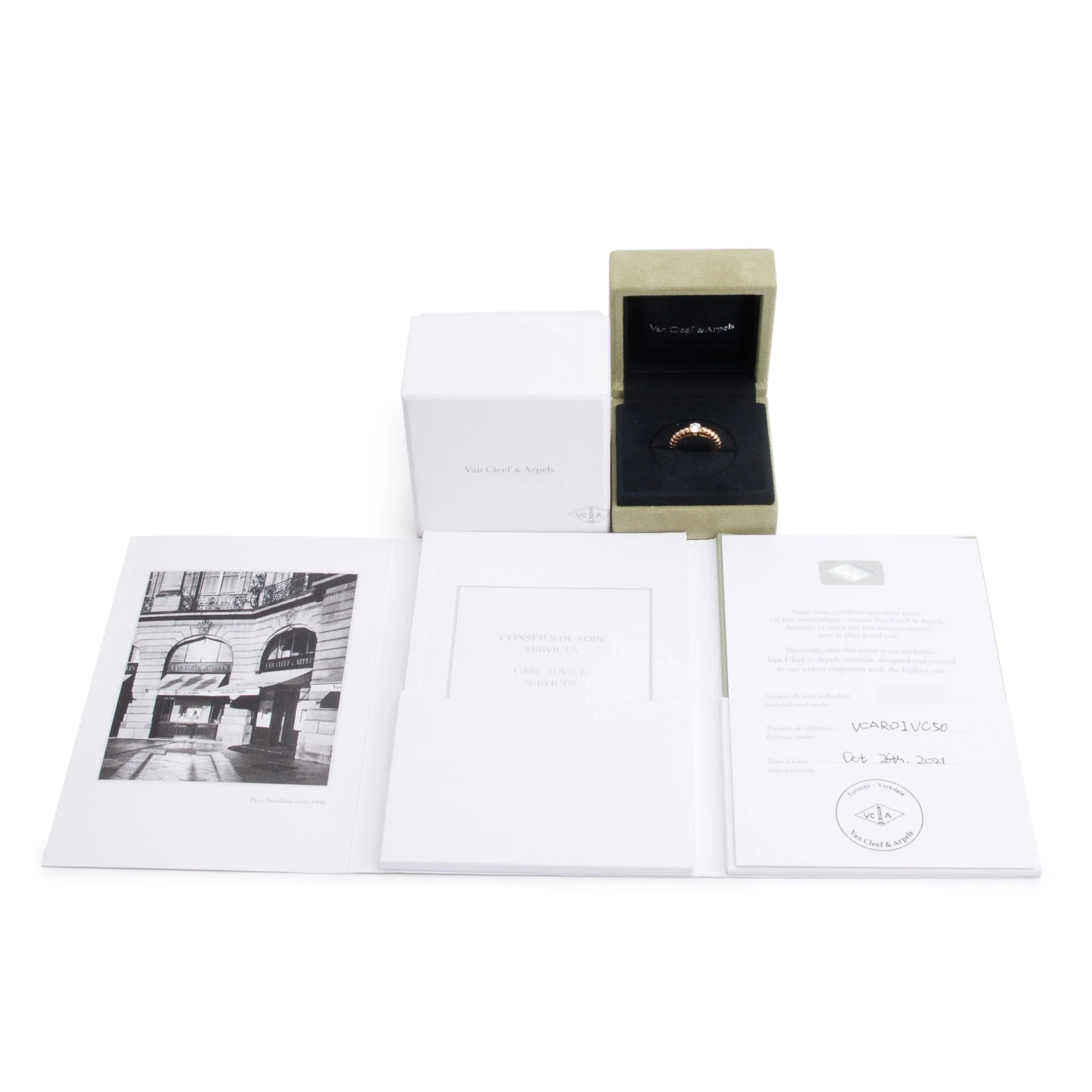 Van Cleef & Arpels 18k Rose Gold Perlee Solitaire 0.30 ct. Diamond Ring, Size 50 5.25 w/ Box, Certificate & Receipt - Image 2