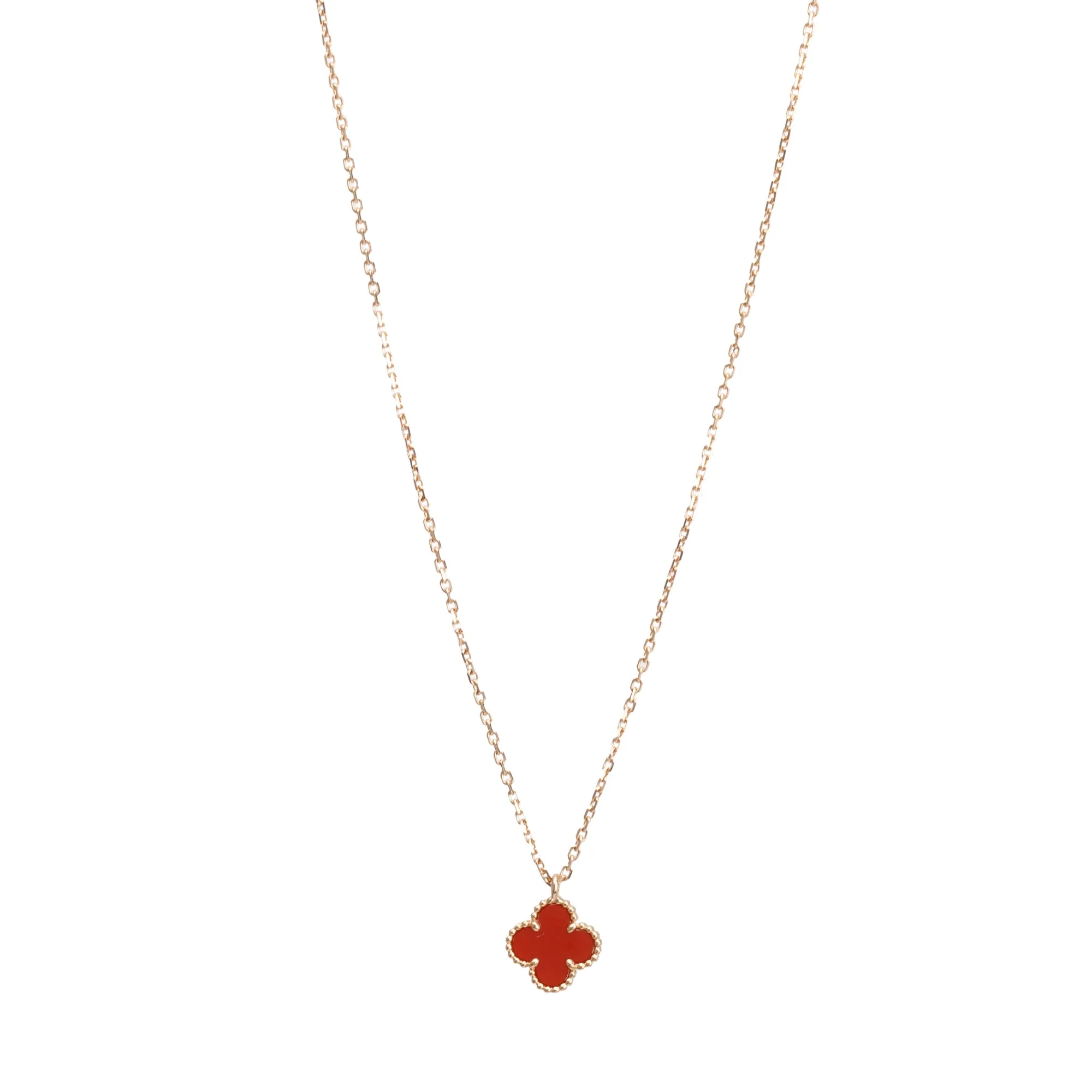 Van Cleef & Arpels 18k Rose Gold Sweet Alhambra Carnelian Pendant Necklace w/ Box - Image 7
