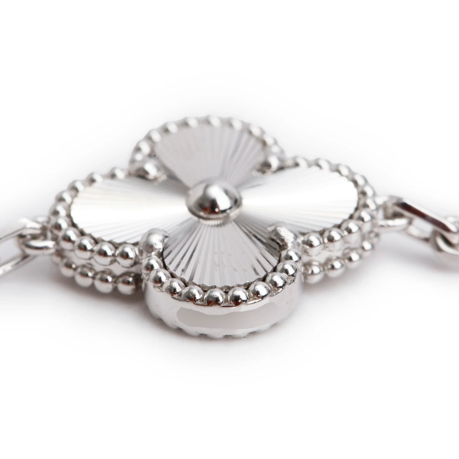 Van Cleef & Arpels 18k White Gold Guilloche Vintage Alhambra 20 Motif Necklace w/ Box & Certificate - Image 6
