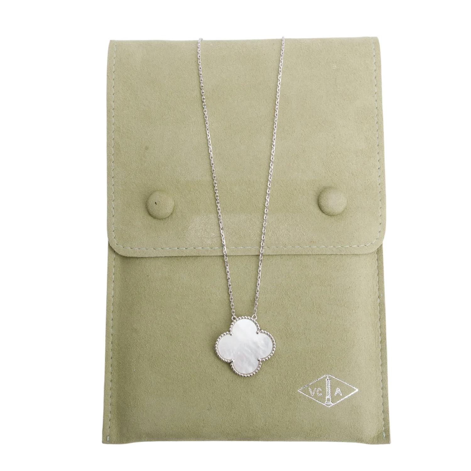 Van Cleef & Arpels 18k White Gold Magic Alhambra Mother Of Pearl Pendant Necklace w/ Pouch - Image 2