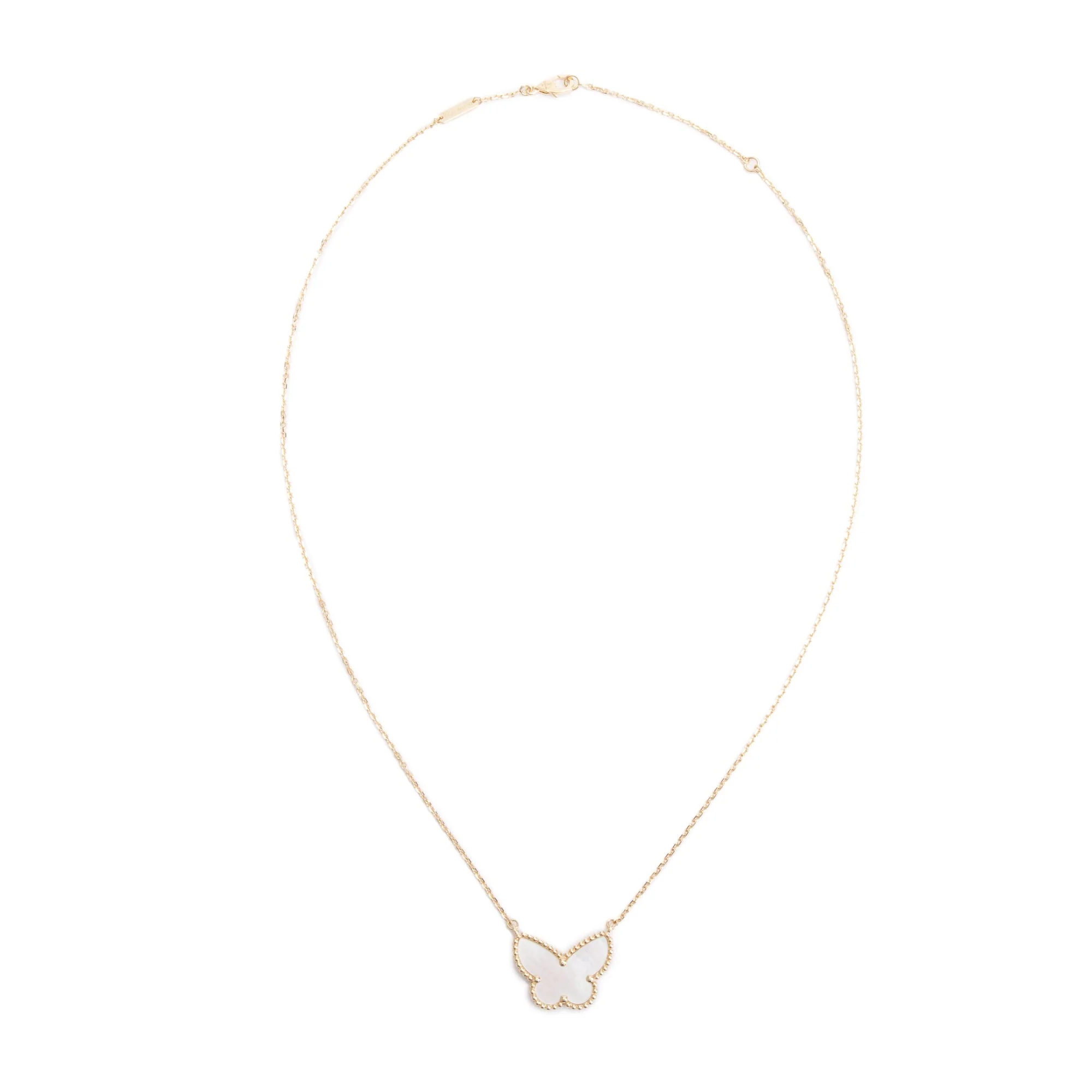 Van Cleef & Arpels 18k Yellow Gold Lucky Alhambra Butterfly Mother of Pearl Pendant Necklace w/ Box