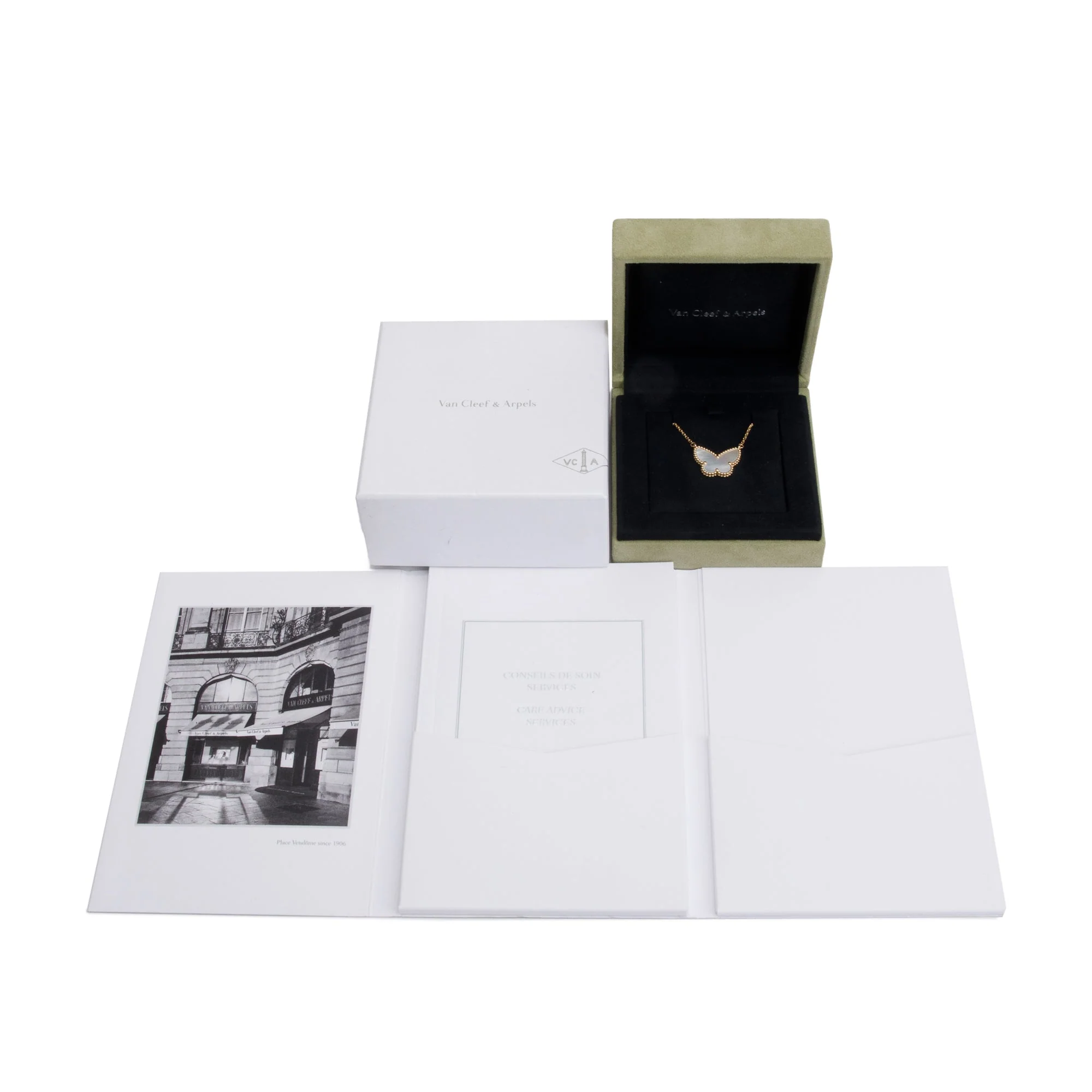 Van Cleef & Arpels 18k Yellow Gold Lucky Alhambra Butterfly Mother of Pearl Pendant Necklace w/ Box - Image 3