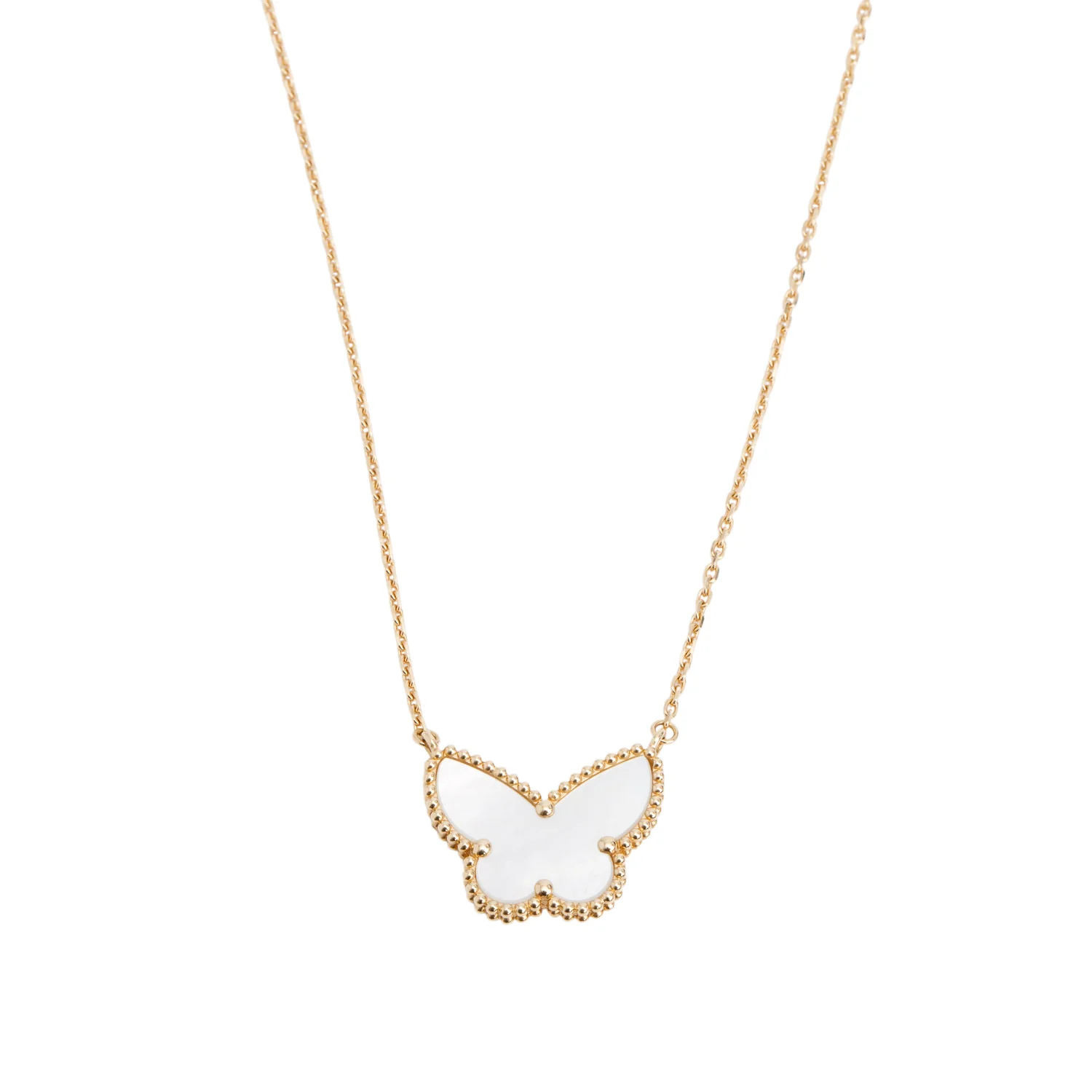 Van Cleef & Arpels 18k Yellow Gold Lucky Alhambra Mother of Pearl Butterfly Pendant Necklace