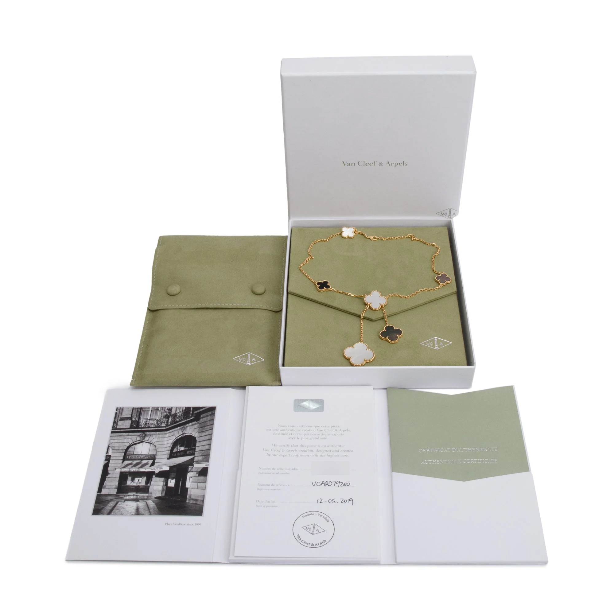 Van Cleef & Arpels 18k Yellow Gold Magic Alhambra 6 Motif Mother of Pearl & Onyx Necklace w/ Box, Certificate & Receipt - Image 3
