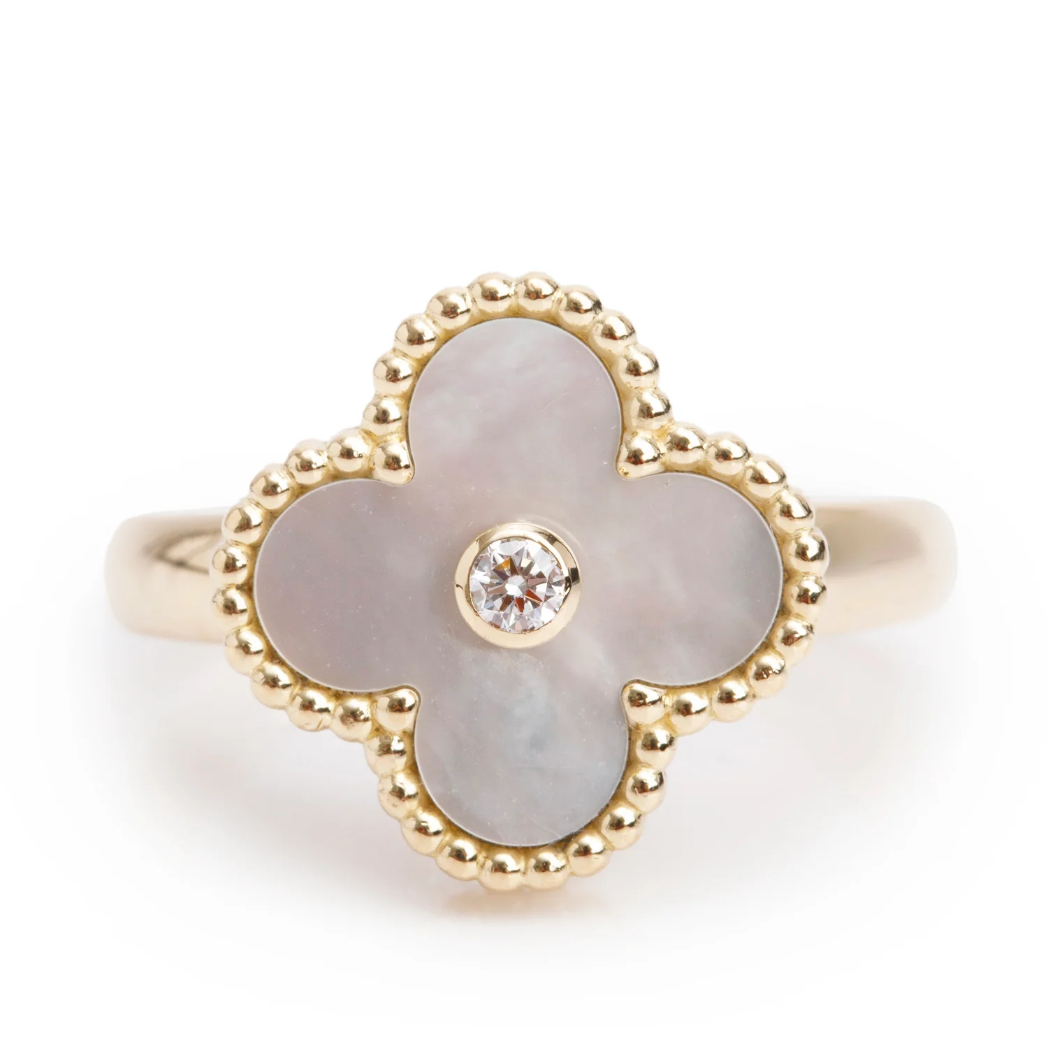 Van Cleef & Arpels 18k Yellow Gold Mother of Pearl & Diamond Vintage Alhambra Ring, Size 55 7.25 w/ Box