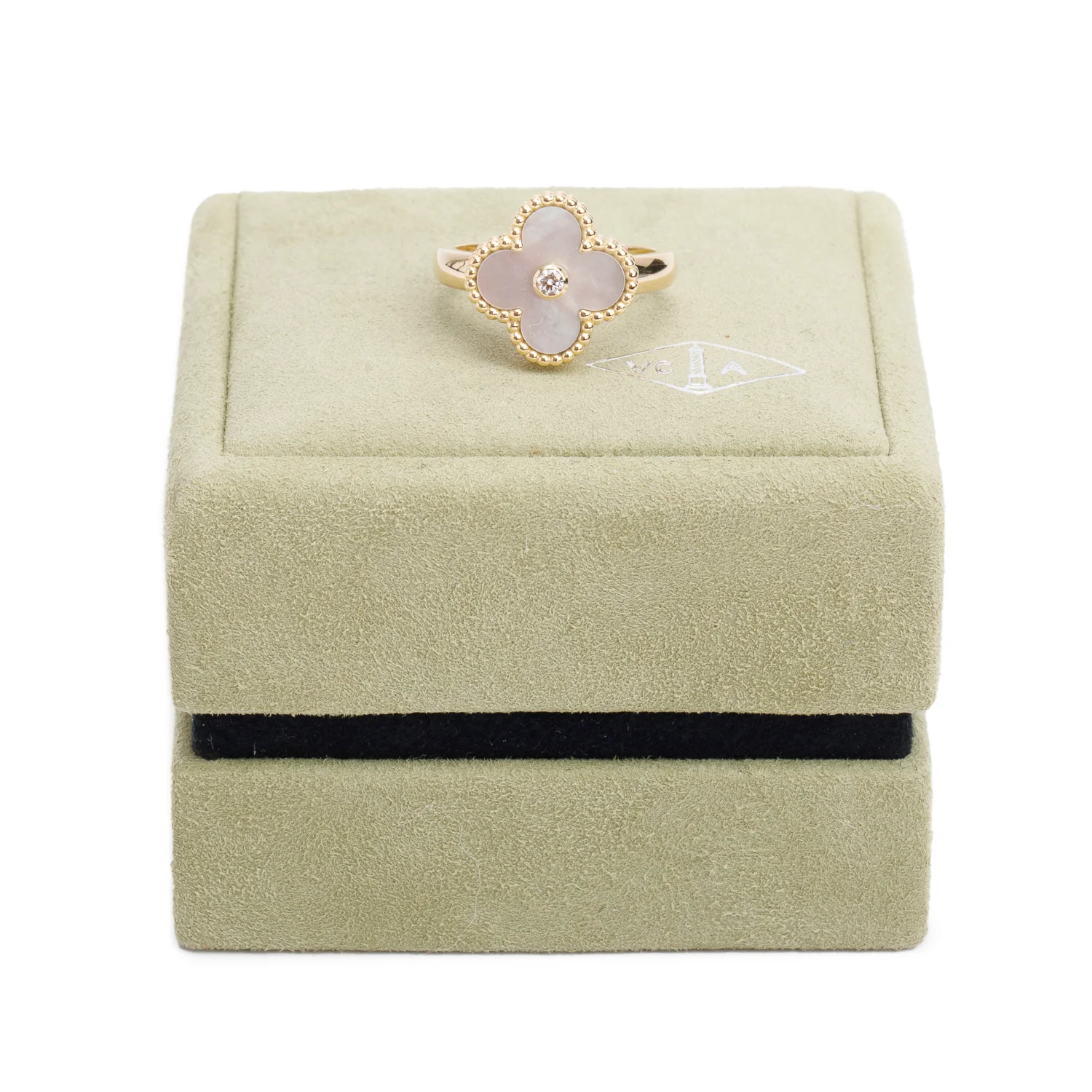 Van Cleef & Arpels 18k Yellow Gold Mother of Pearl & Diamond Vintage Alhambra Ring, Size 55 7.25 w/ Box - Image 2