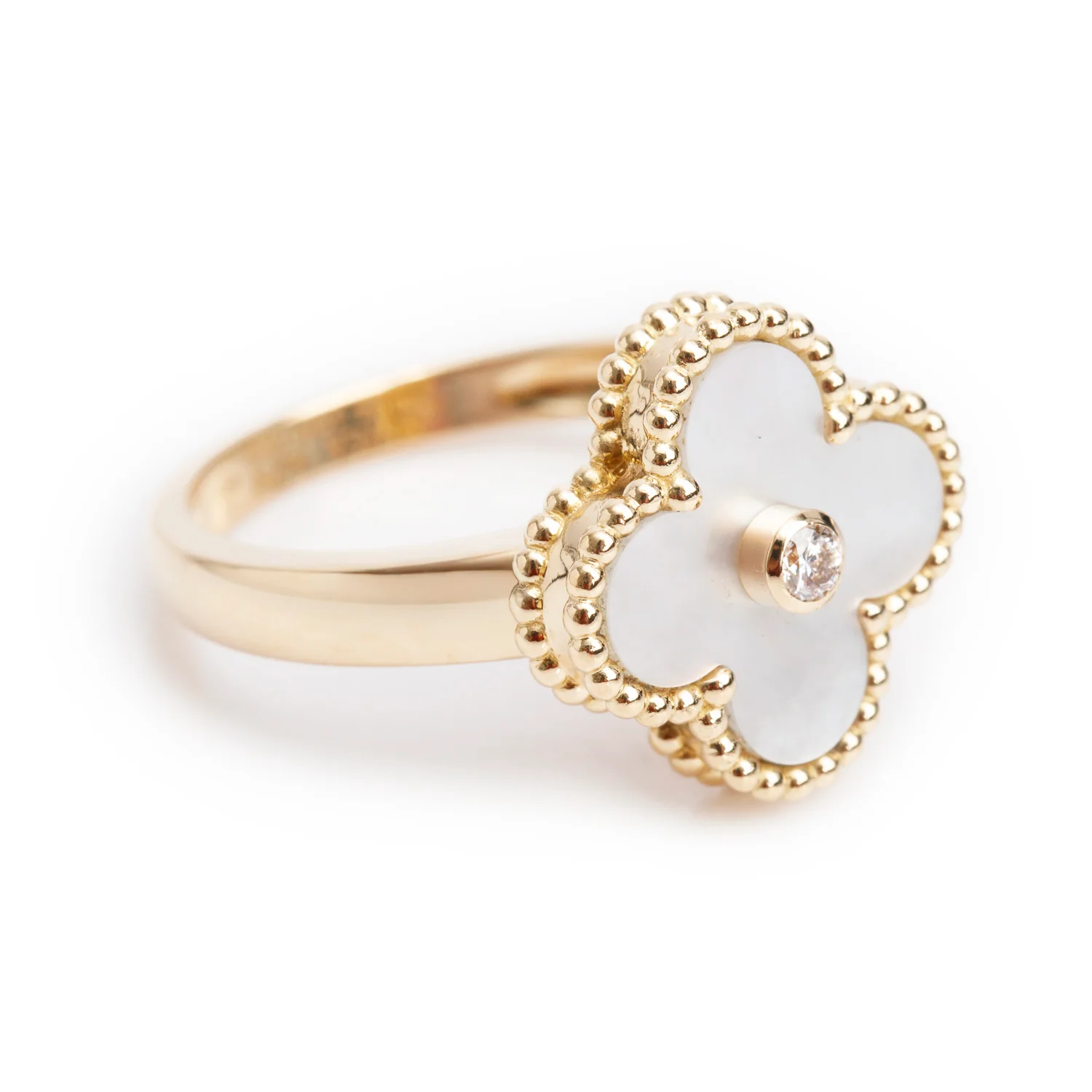 Van Cleef & Arpels 18k Yellow Gold Mother of Pearl & Diamond Vintage Alhambra Ring, Size 55 7.25 w/ Box - Image 3
