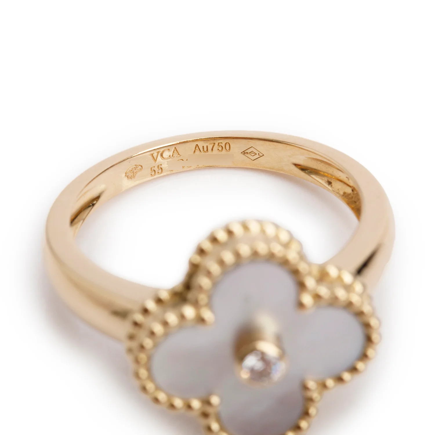 Van Cleef & Arpels 18k Yellow Gold Mother of Pearl & Diamond Vintage Alhambra Ring, Size 55 7.25 w/ Box - Image 4