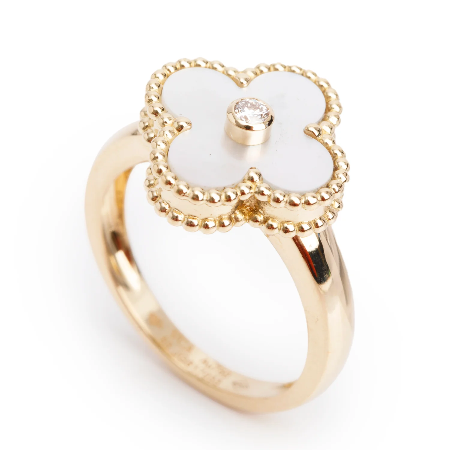 Van Cleef & Arpels 18k Yellow Gold Mother of Pearl & Diamond Vintage Alhambra Ring, Size 55 7.25 w/ Box - Image 5