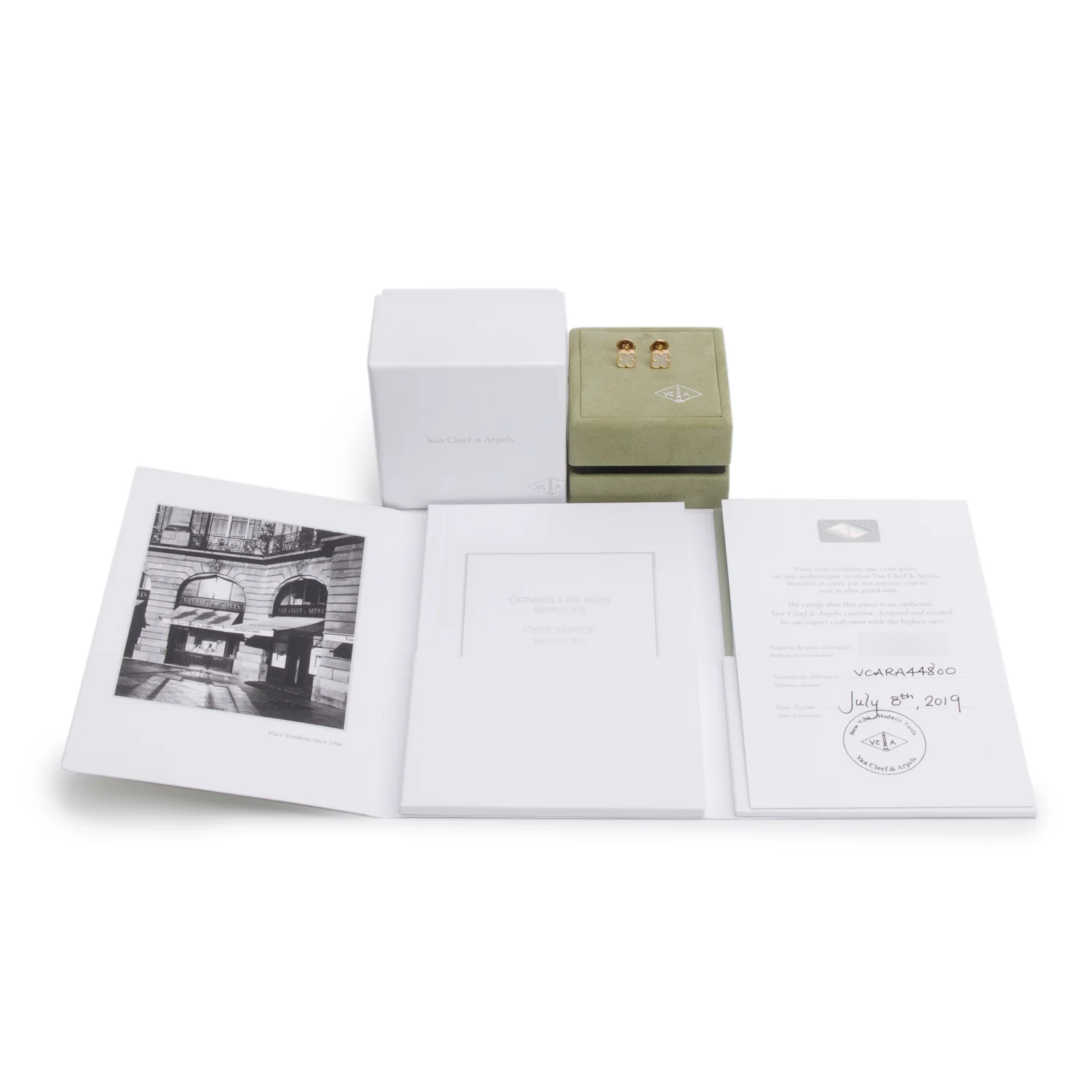 Van Cleef & Arpels 18k Yellow Gold Sweet Alhambra Mother of Pearl Stud Earrings w/ Box, Receipt & Certificate - Image 2