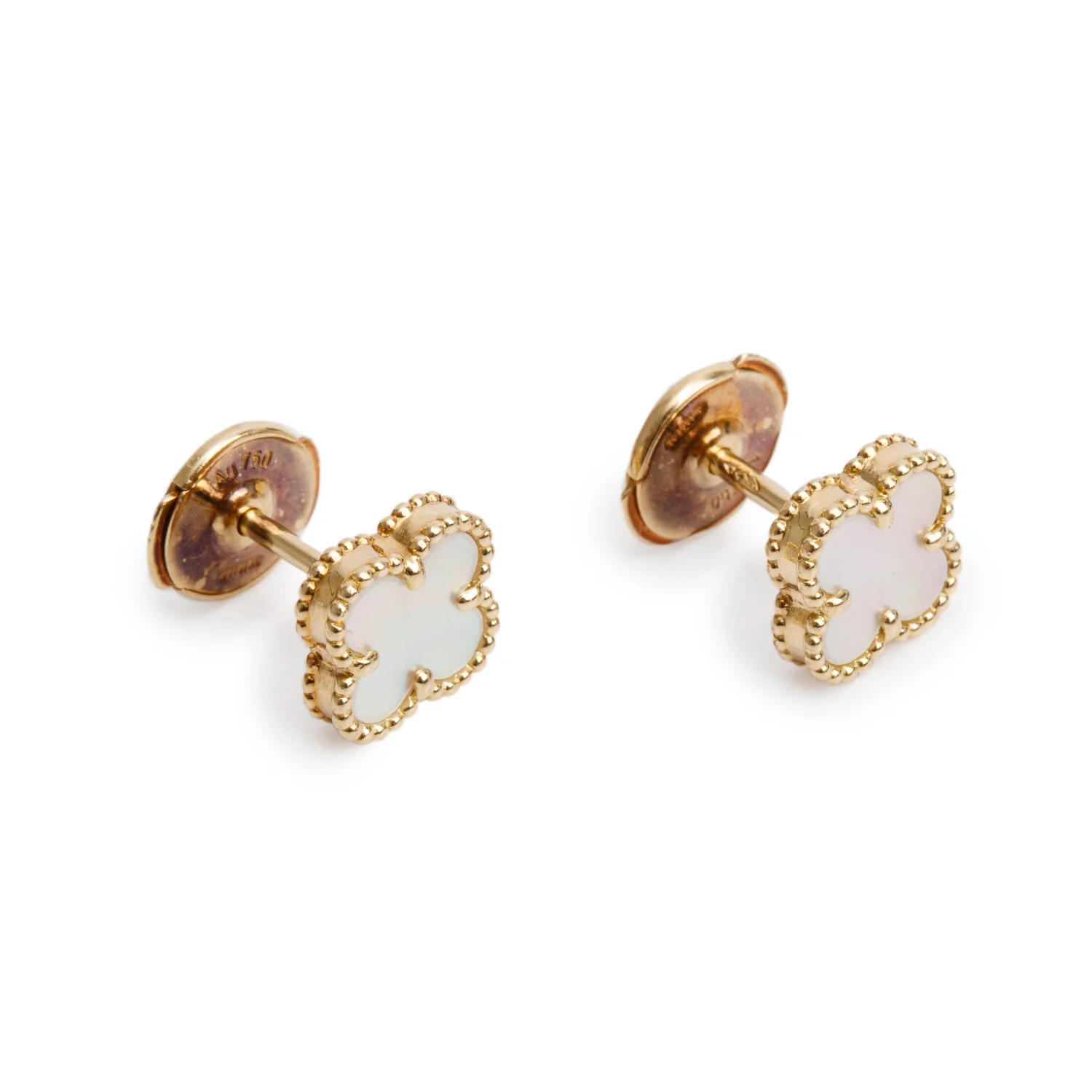 Van Cleef & Arpels 18k Yellow Gold Sweet Alhambra Mother of Pearl Stud Earrings w/ Box, Receipt & Certificate - Image 3