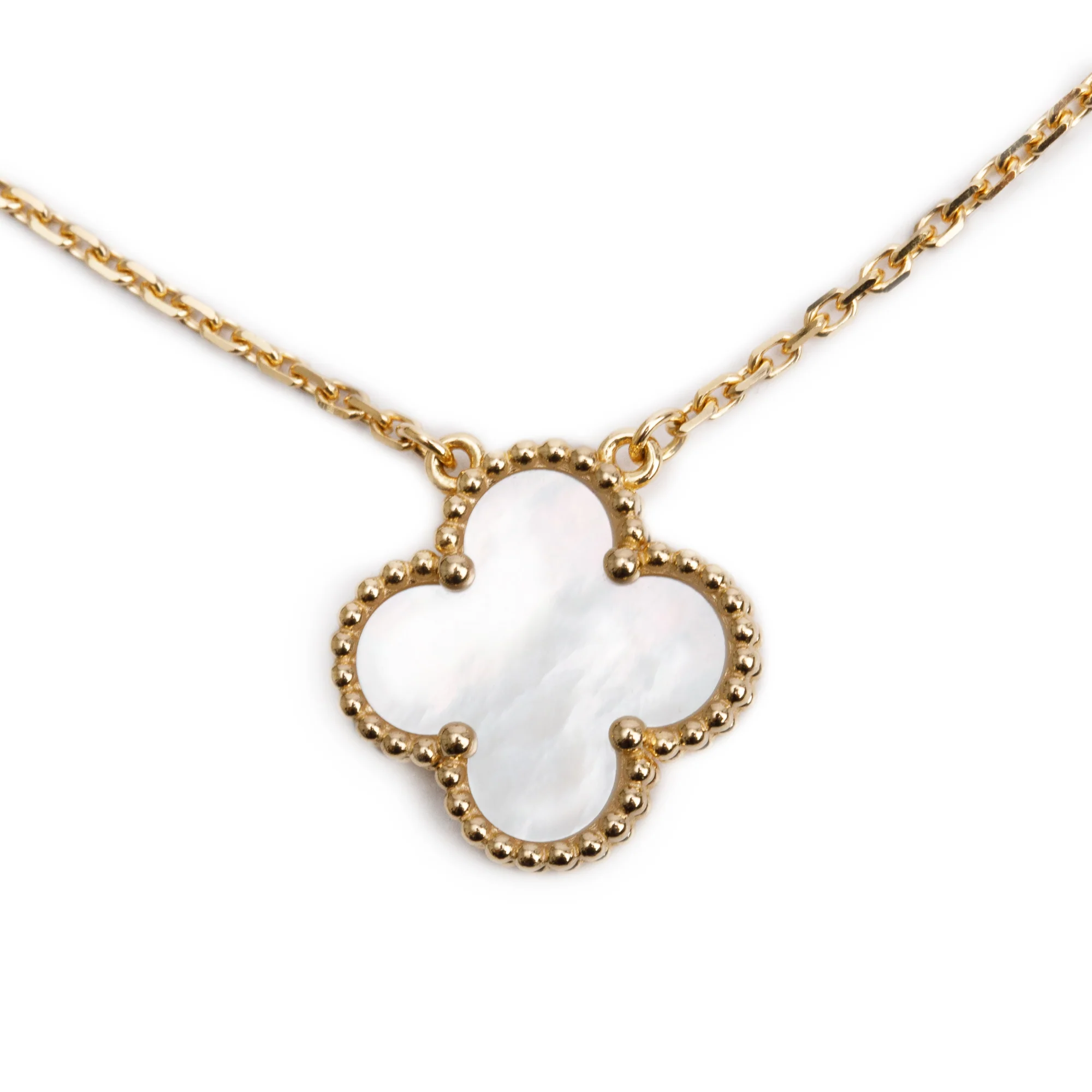 Van Cleef & Arpels 18k Yellow Gold Vintage Alhambra Mother of Pearl Pendant Necklace w/ Receipt & Cary Pouch - Image 4