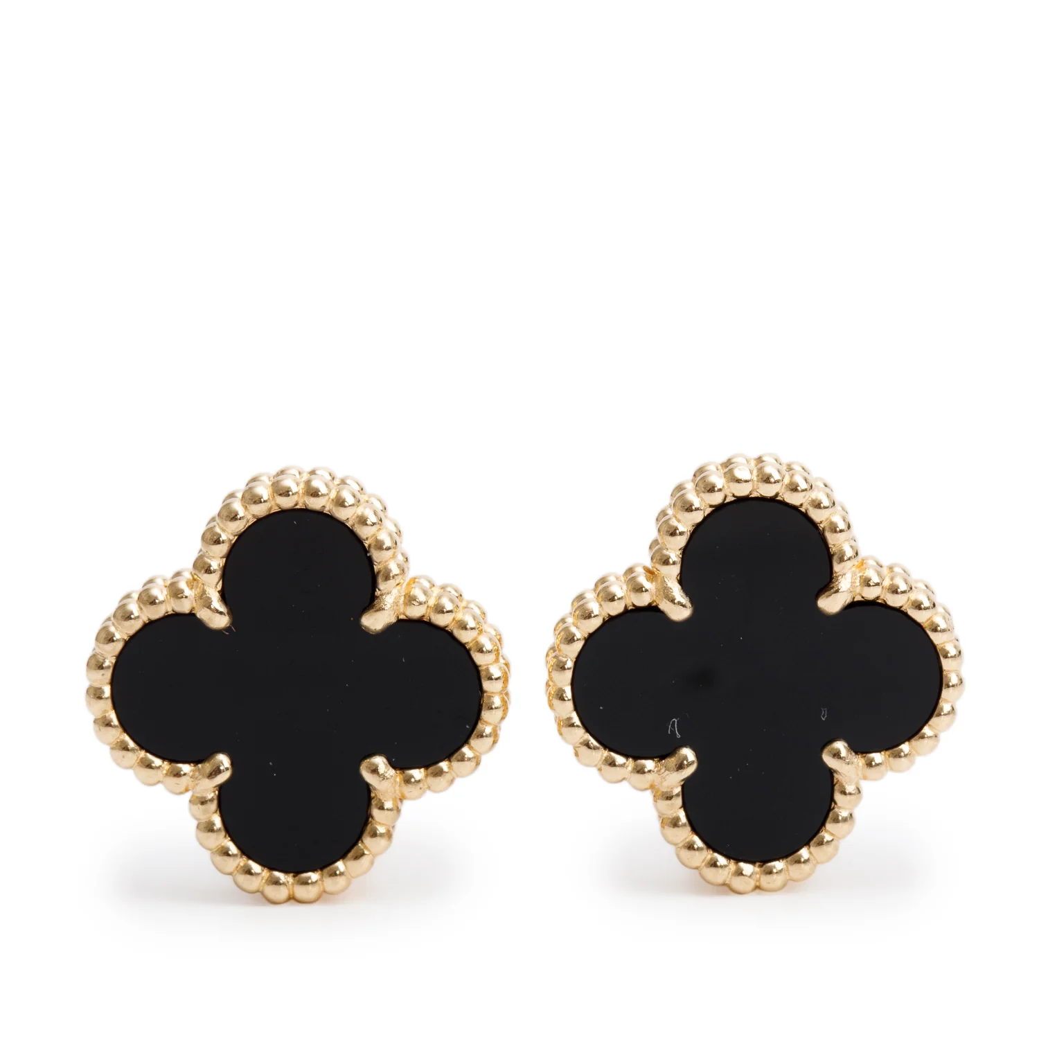 Van Cleef & Arpels 2020 18k Yellow Gold Vintage Alhambra Onyx Stud Earrings w/ Box & Certificate
