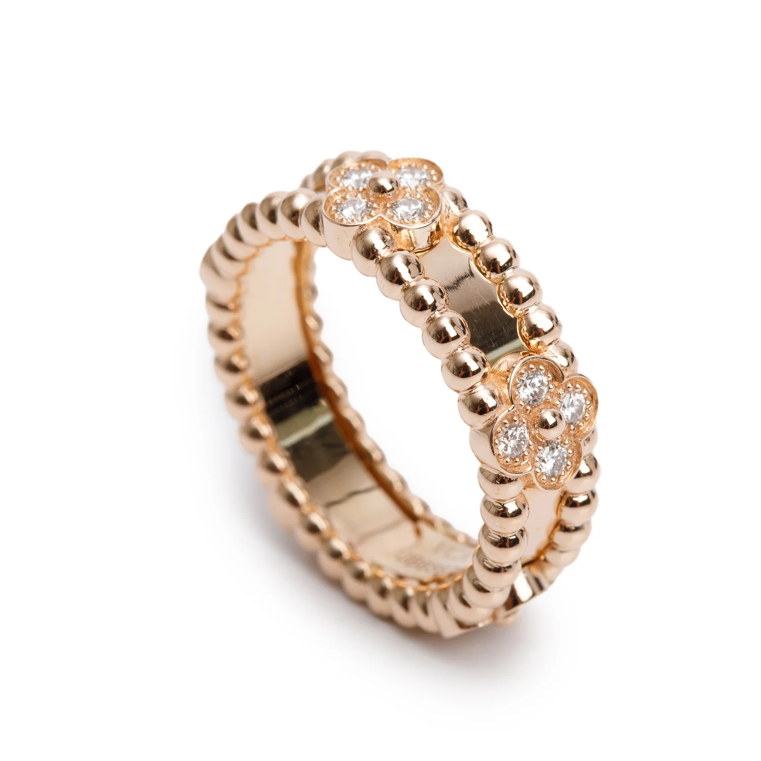 Van Cleef & Arpels 2023 18k Rose Gold Diamond Perlee Sweet Clovers Ring, Size 50 5.25 w/ Box & Certificate - Image 4