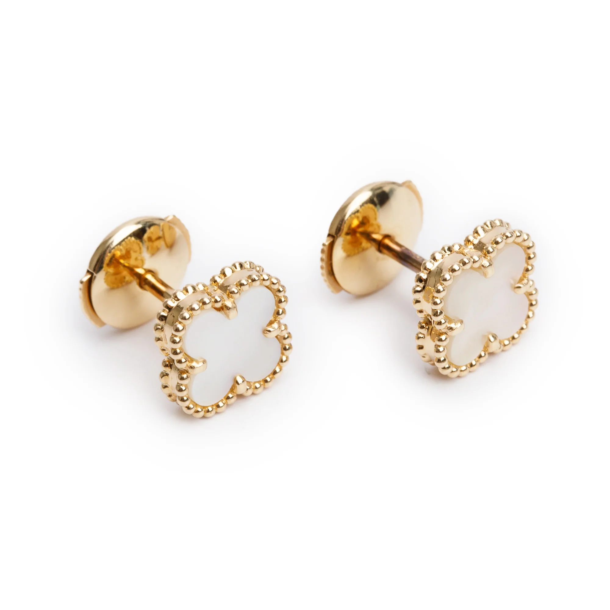 Van Cleef & Arpels 2023 18k Yellow Gold Sweet Alhambra Mother of Pearl Stud Earrings w/ Box & Certificate - Image 3