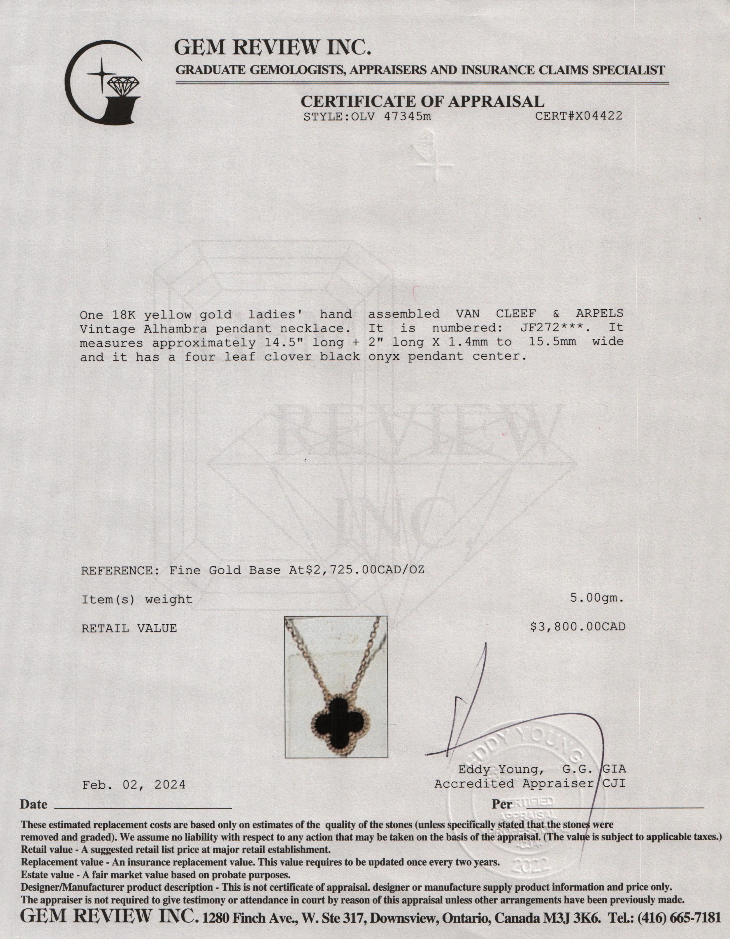 Van Cleef & Arpels 2023 18k Yellow Gold Vintage Alhambra Black Onyx Pendant Necklace w/ Box & Receipt - Image 10
