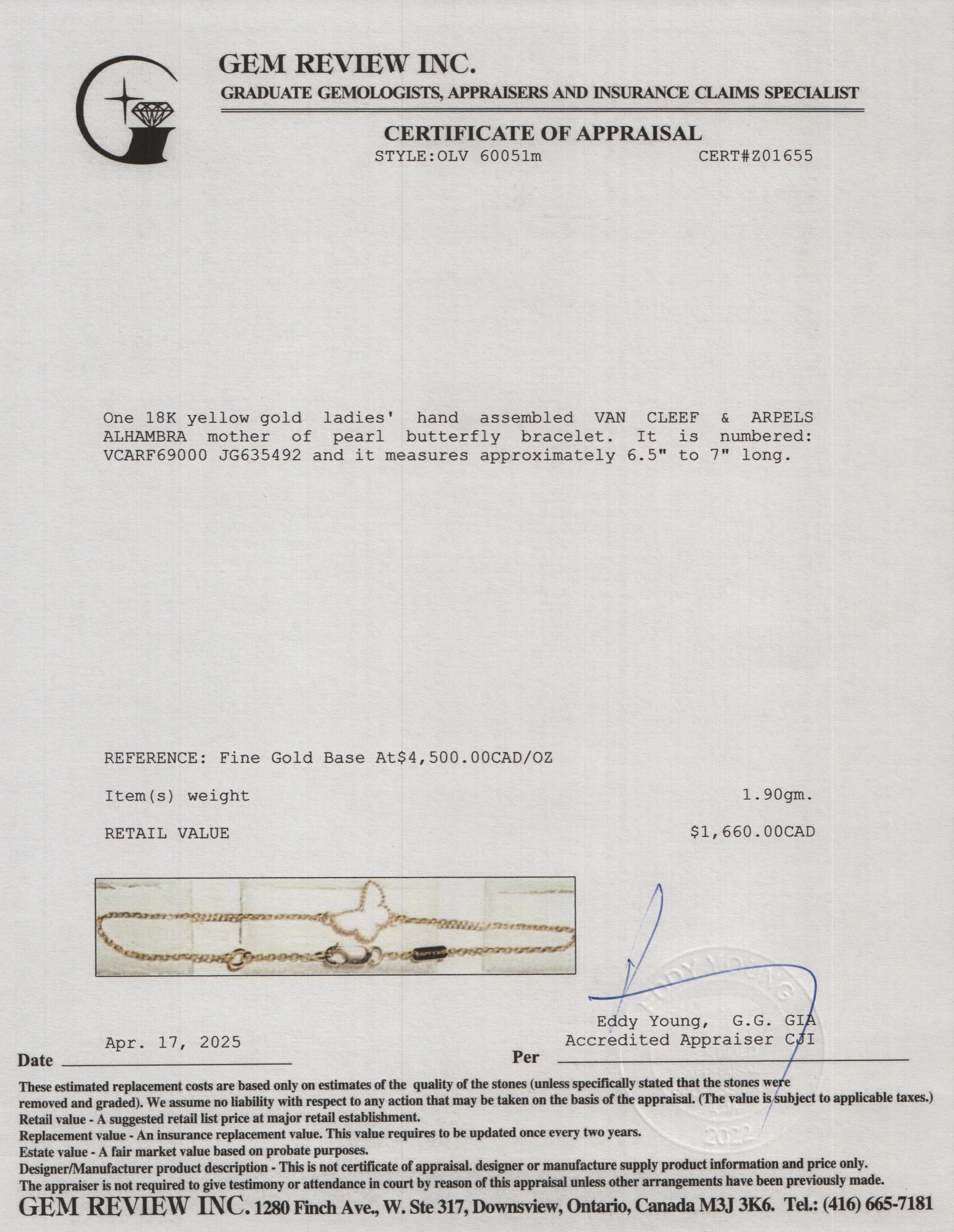 Van Cleef & Arpels 2024 18k Yellow Gold Mother of Pearl Sweet Butterflies Bracelet w/ Box, Receipt & Certificate - Image 5